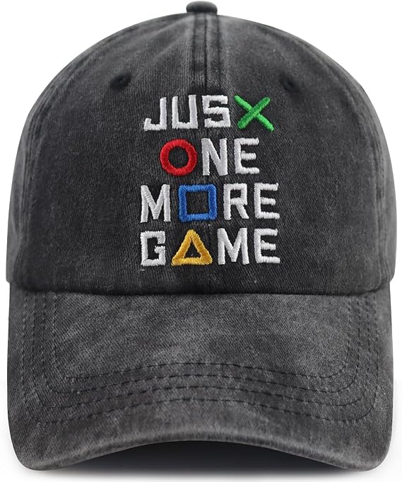Just One More Game Hat for Men Women, Funny Adjustable Cotton Embroidered Gamer Baseball Cap