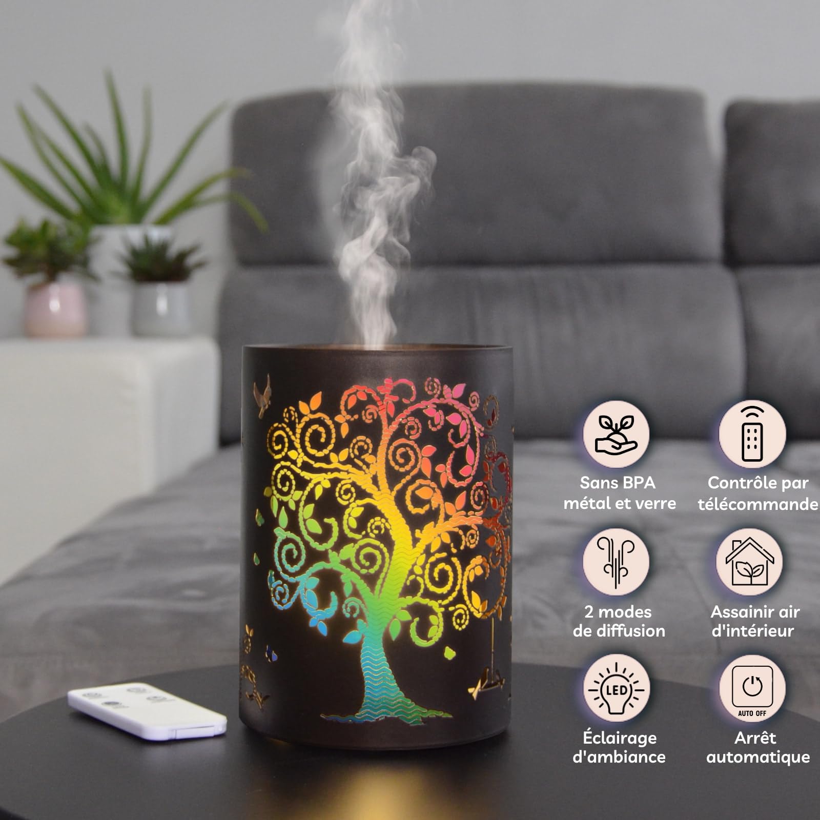 ZEN ARÔME Diffuseur d’Huile Essentielle Vita – Diffuseur Ultrasonique Aromathérapie à Froid - Diffuseur Électrique Parfum Maison avec Télécommande - Éclairage LED Effet Bougie – en Métal et Verre