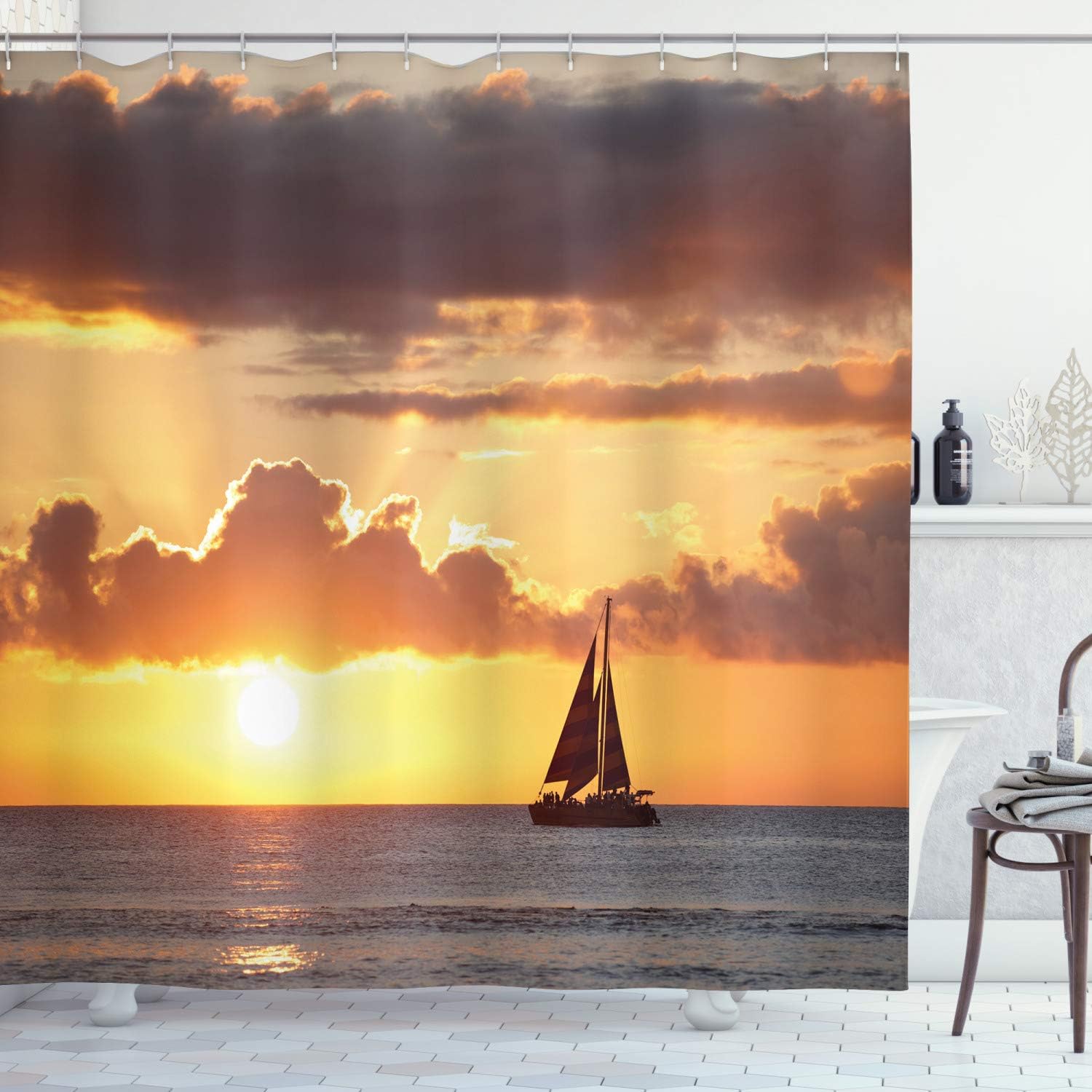 ABAKUHAUS Ocean Shower Curtain, Boat in the Oceannd Cloudy Skyt Sunset Digital Image Print