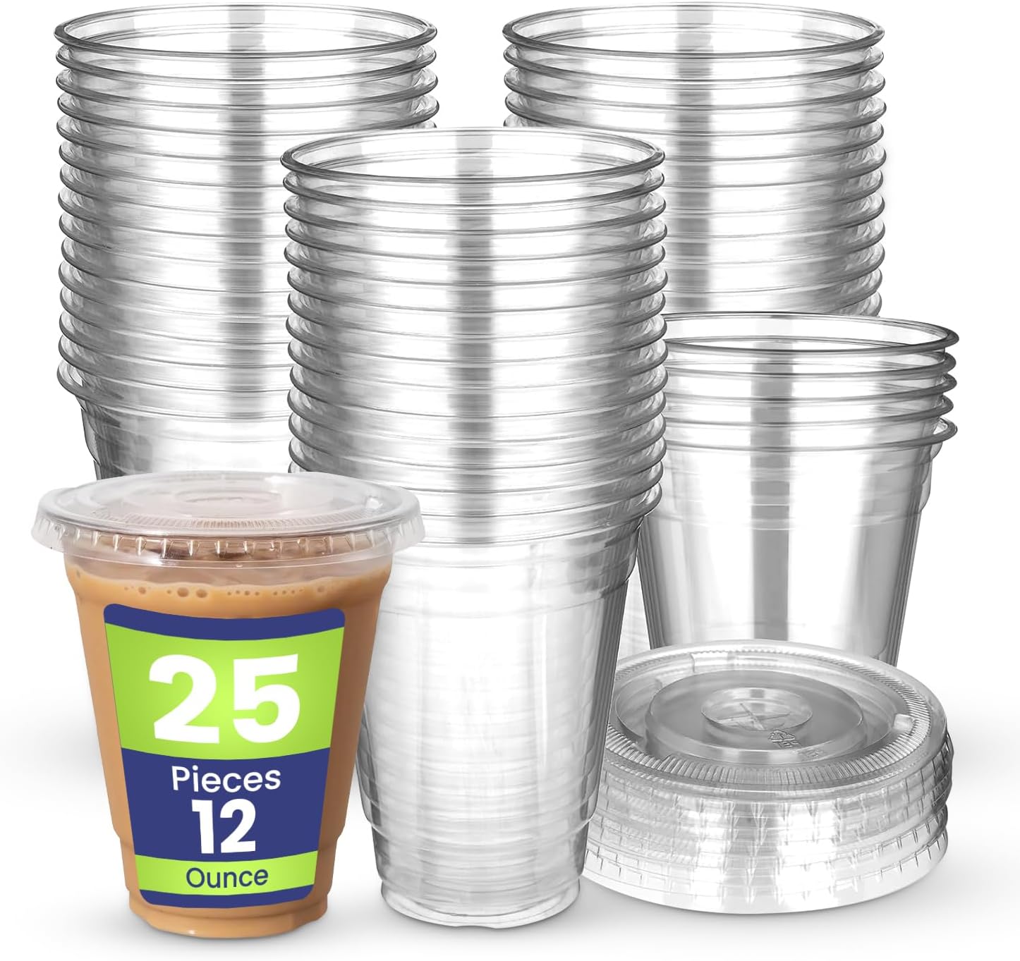 SNH 25 Pieces 12Oz Juice Cup With Lid Clear Strong Disposable Cups - Ideal for iced coffee, smoothies, Bubble Boba tea, milkshakes, frozen cocktails, water, sodas, juices, snacks, dessert & more.