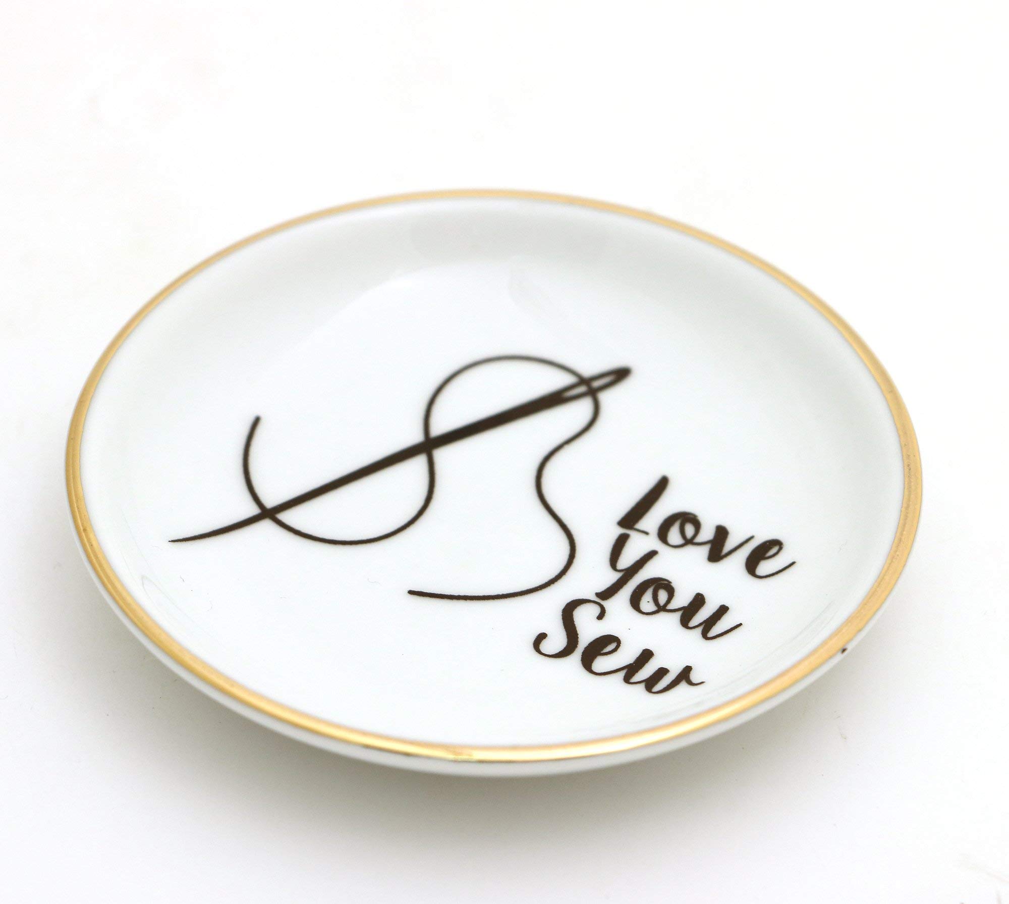 Love You Sew Ring Dish, Pin Holder, Small Dish with 22k Gold Accents, Ceramic, Lennymud by Lorrie Veasey