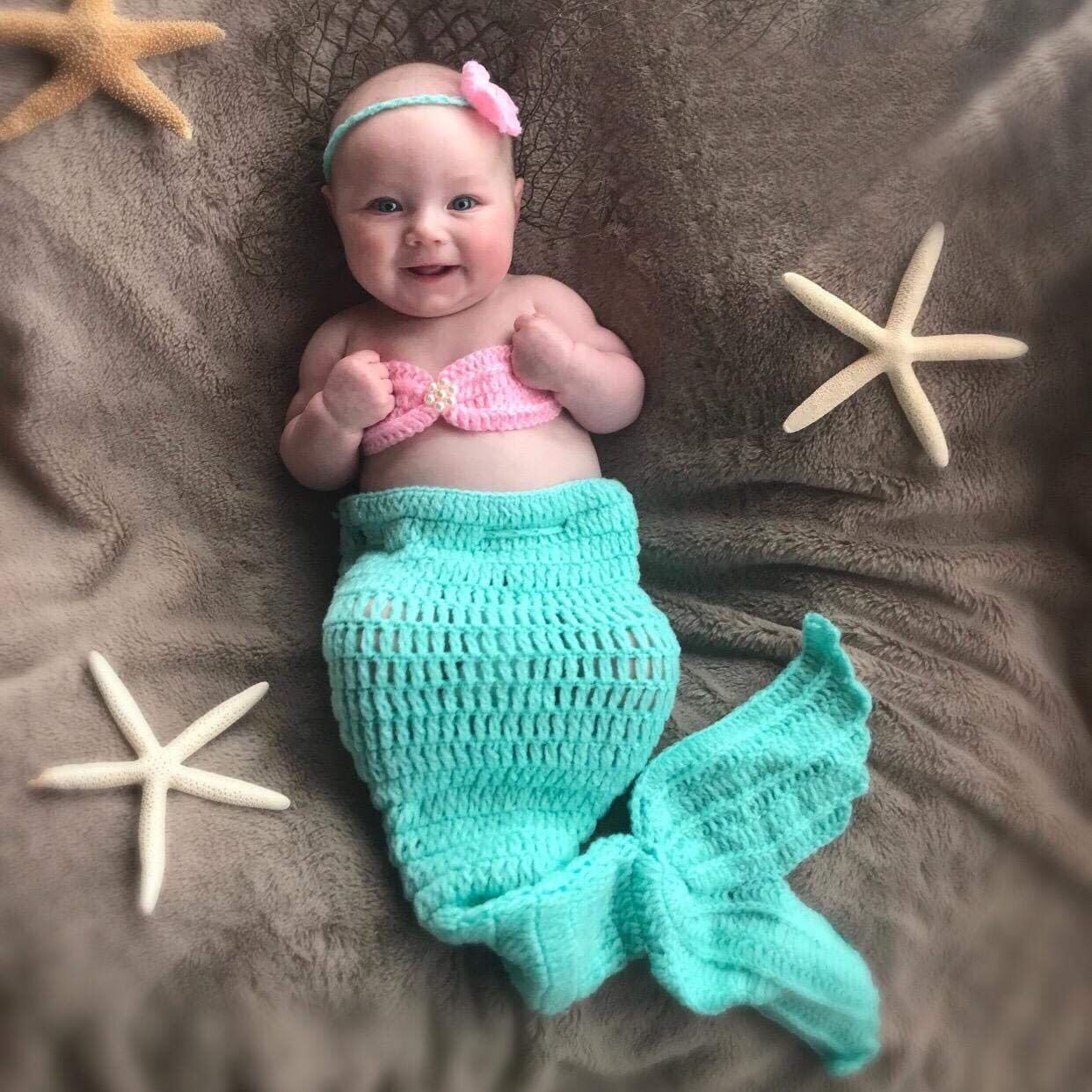 Lot de 3 Nouveau-Né Photographie Prop - Tenue de Sirène, Fait à la Main Crochet, Costume de Sirène Bandeau, pour Fille Prop Vêtements