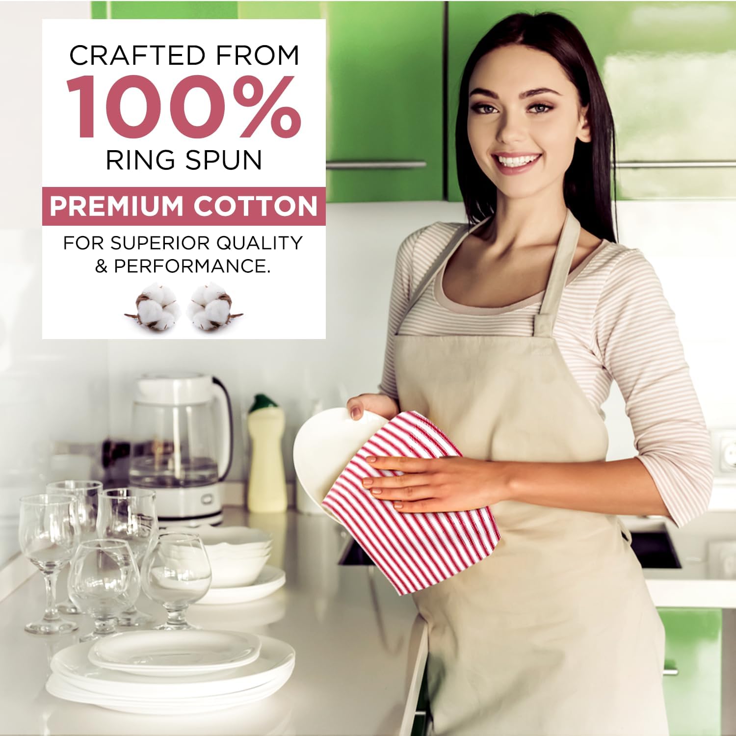 Stripe Kitchen Dish Towels With Hanging Loop - Boho Absorbent Festive Gift Set of 6 - Reusable 18x28 Inch Pantry Decor - Trendy Spring French Red - Image 4