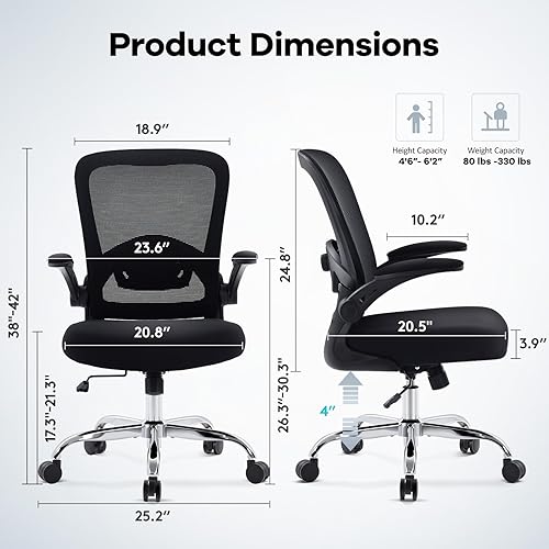 Miniatura 2 de Silla de oficina, silla de escritorio ergonómica de malla con soporte lumbar ajustable, silla de computadora con reposabrazos abatibles, sillas