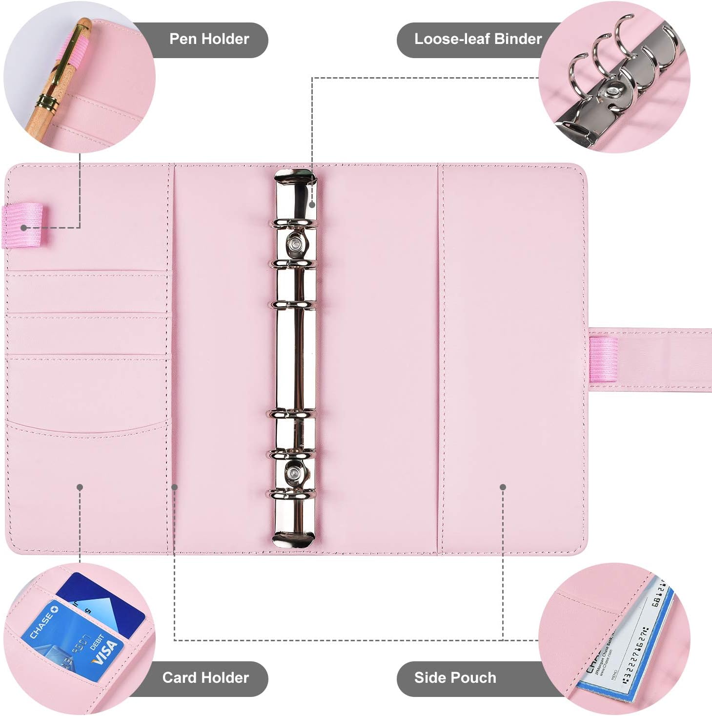 Binder Pockets with Leather Binder Cover, Plastic Binder Envelopes Cash Envelopes Budget Binder, 12 Binder Pockets (A6, Pink)