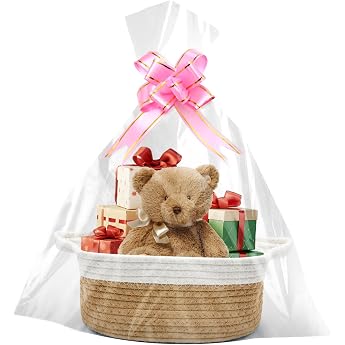 Empty Gift Basket 30 x 20 x 12 cm Braided Basket with Gift Bags and Ribbons Empty Gift Basket for Christmas Birthday Wedding Storage Basket Decorative Basket Khaki