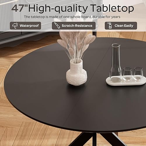 Miniatura 5 de RGZ Juego de mesa de comedor de estilo moderno de mediados de siglo en negro para 4, mesa redonda rústica retro de estilo granja de 47' para la