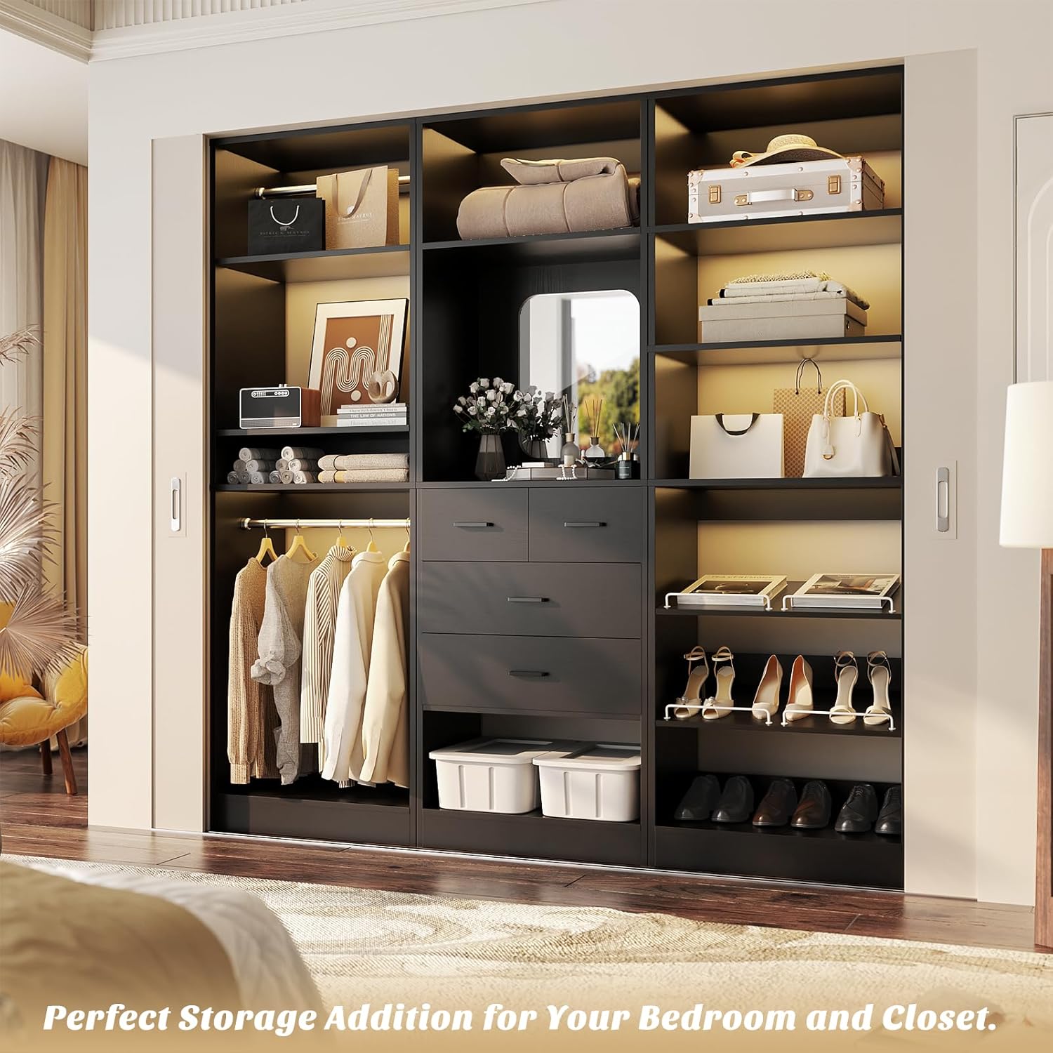 Unikito 75” Closet System with Drawers, 6.2FT Wood Closet Organizer with Hanging Rods and Mirror, Reversible Large Walk in Closets Wardrobe Garment Rack with Shoe Shelves, Max Load 2000 LBS, Black