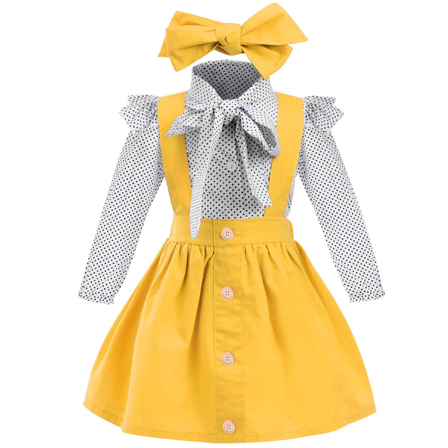 YOUNGER TREE Toddler Girl Outfits 1-4 T Long Sleeve Shirt Overall Skirt Headband Set School Uniform Dress