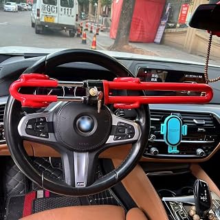 Twin Hooks Steering Wheel Lock,Vehicle Anti-Theft Lock,Adjustable Length Clamp Double Hook Universal Self Defense Heavy Duty Secure Lock Red