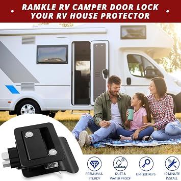 RV Entry Door Lock, 100% Metal Camper Lock, Travel Trailer Door Latch, RV Lock Replacement Kit with Paddle Deadbolt 4 Keys, for Camper Horse Trailer Cargo Hauler Truck, Black