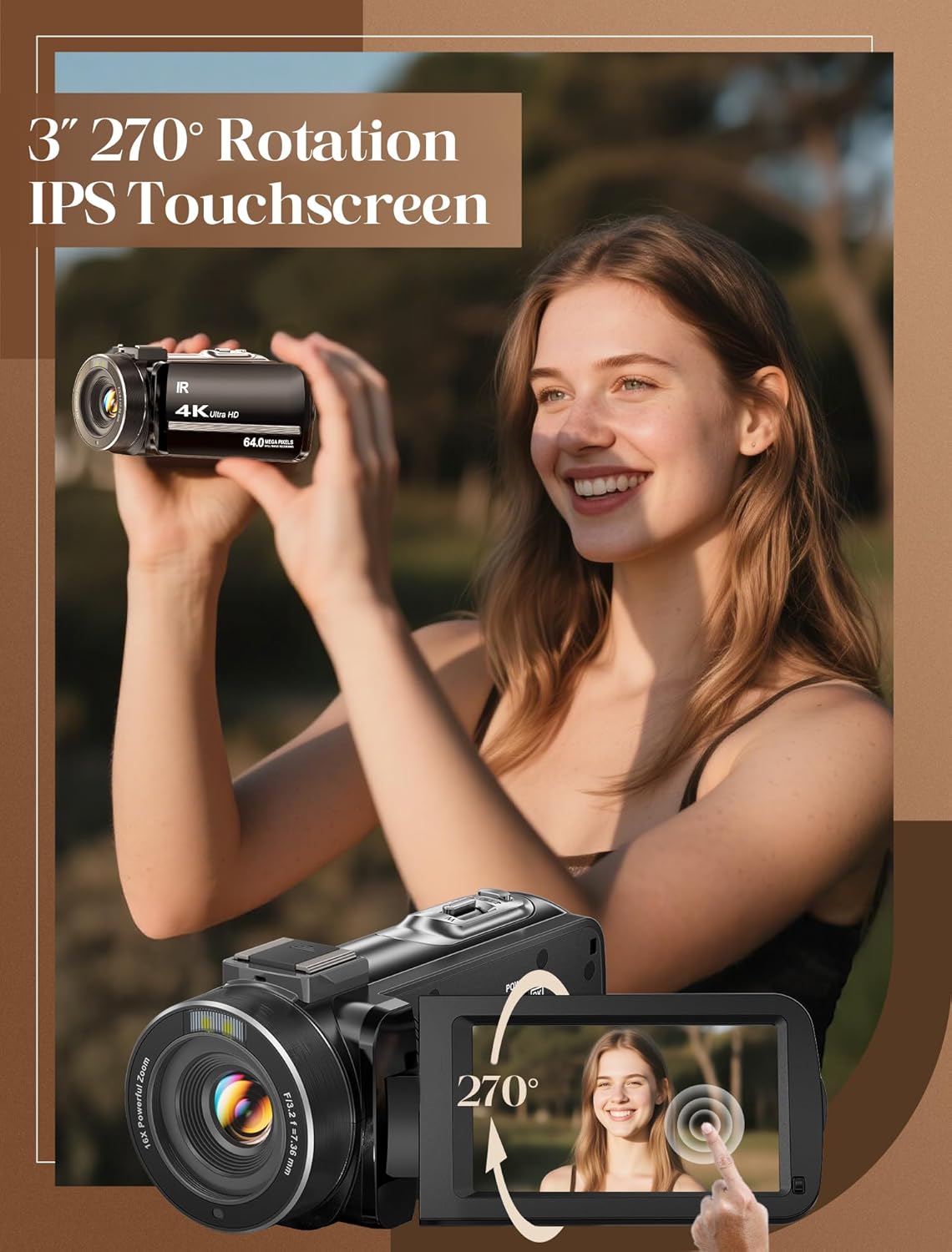 4K Video Camera Camcorder FHD 64MP Vlogging Camera for YouTube 18x Digital Zoom 3" 270° Rotation IPS Touchscreen Video Camcorder with Night Vision, Remote Control, 32GB Card, 2 Batteries