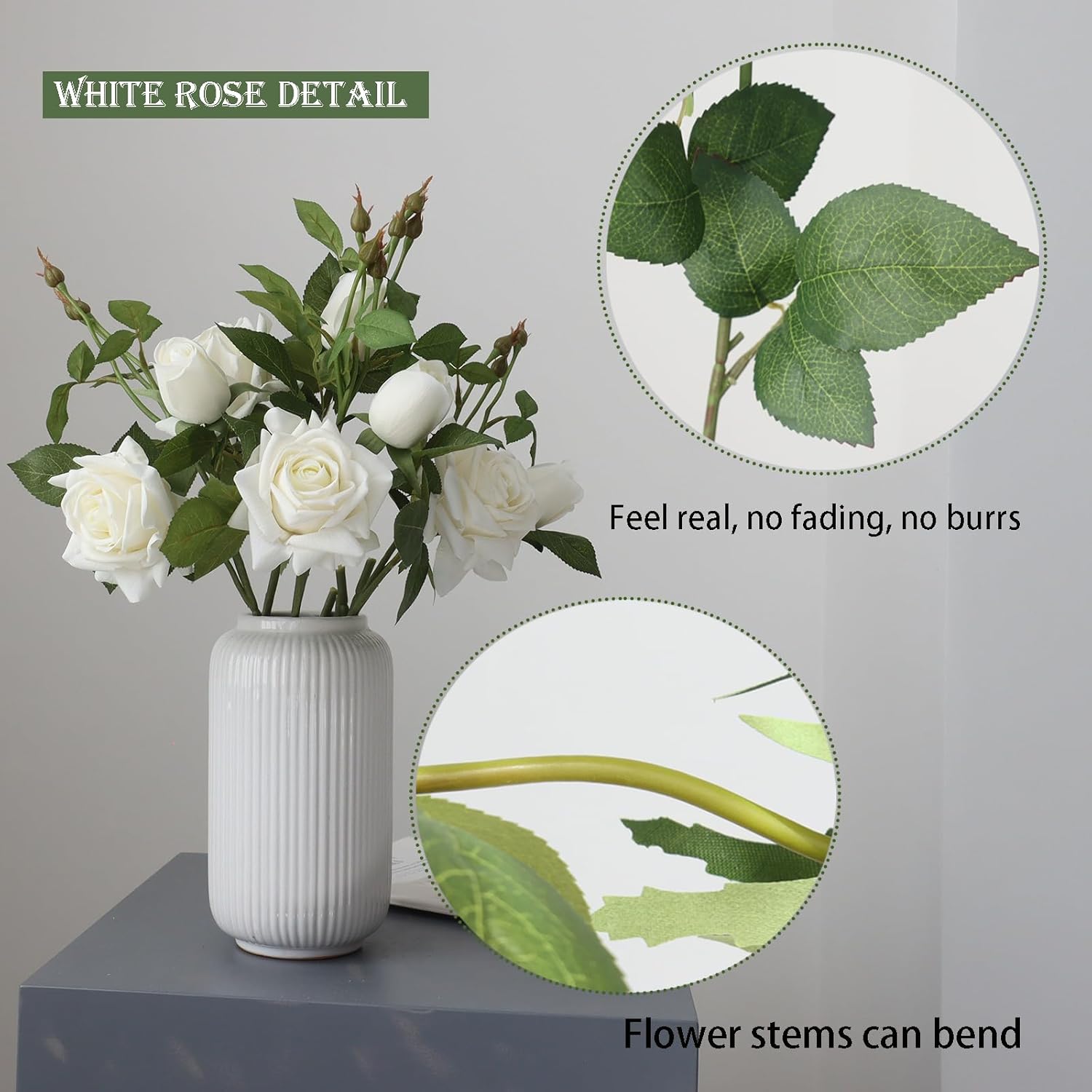 Buart Artificial Silk Flowers Real Touch Realistic Roses Bouquet Long Stem for Home Wedding Party Valentine's Day Mother's Day Table Centerpieces Decorations (White,8 Flower Head)