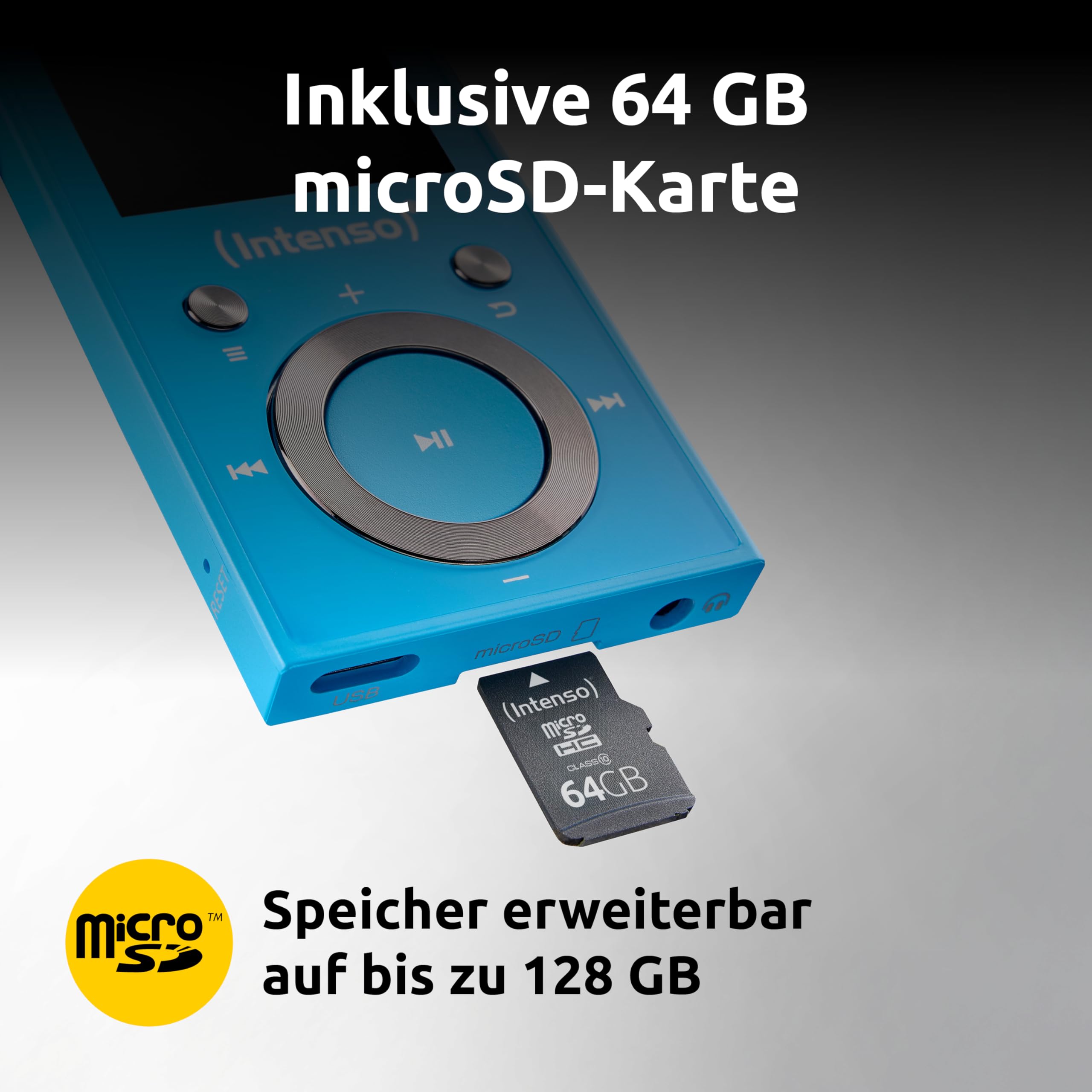 Intenso Video Scooter BT MP3 Player mit Bluetooth 5.0, 1,8 Zoll Farbdisplay, 64 GB microSD, USB-C, bis 18h Akku, inkl. Kopfhörer, blau