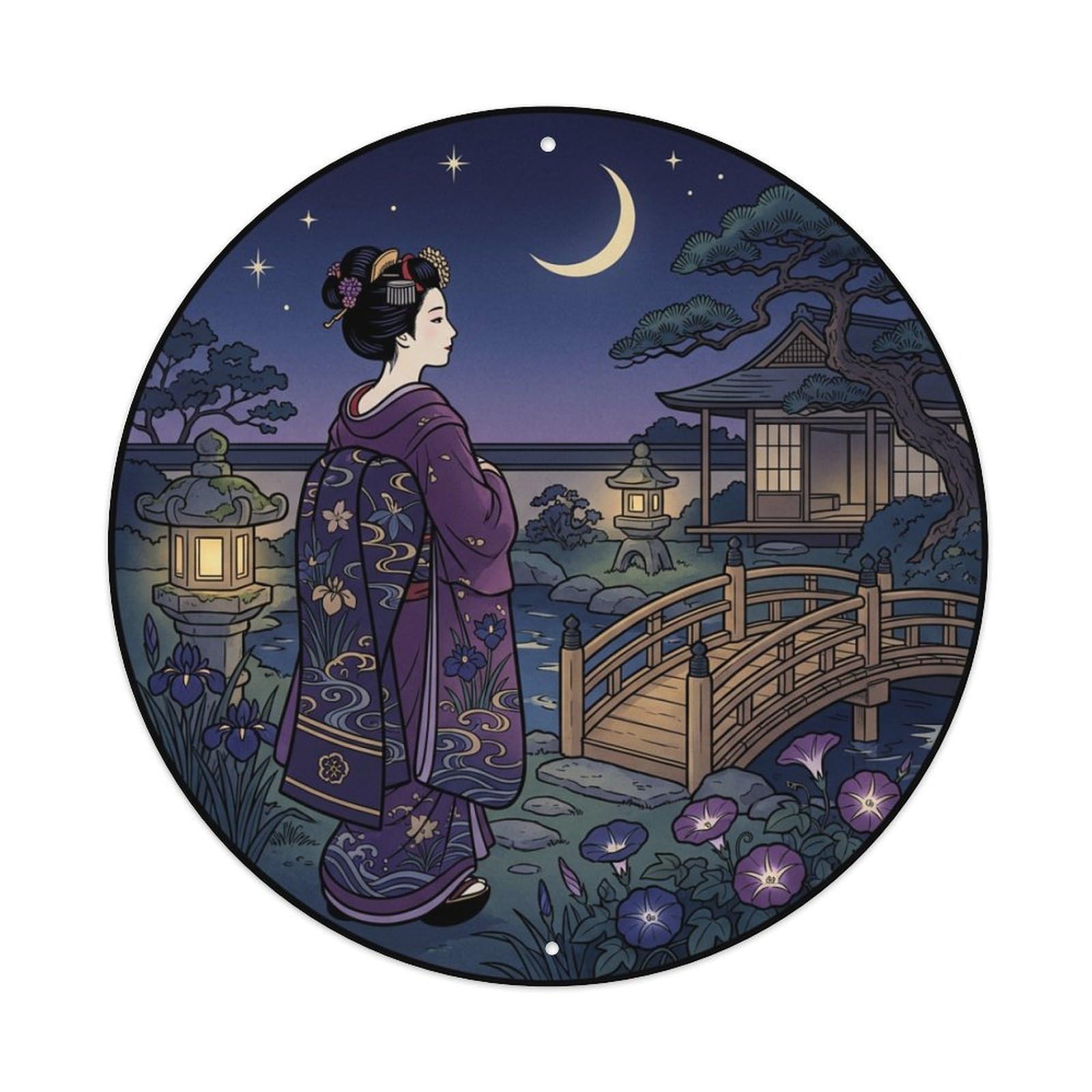Cwbufd Vintage Style Japanese Elegant Lady Crescent Moon Garden Tranquil Scene Vintage Metal Tin Sign Plaque Wall Decor For Cafe, Club Bar, Office, Garden Metal Poster 8X8inch