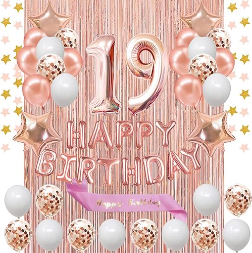 partyshop - Decoraciones de cumpleaños de 19 años, pancarta y banda de feliz cumpleaños de color oro rosa con globos del número 19, confeti de