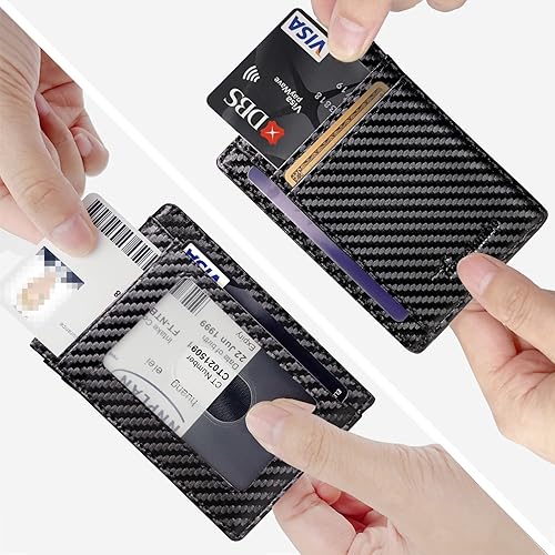 Miniatura 4 de Travelambo Cartera delgada de cuero minimalista con bolsillo frontal RFID que bloquea la textura de fibra de carbono Azul  Patchwork talla única