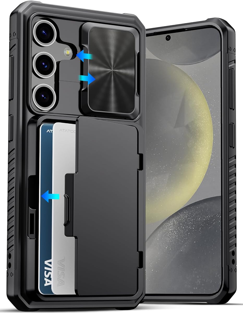 ATATOO for Samsung Galaxy S24 Wallet Case with Card Holder (4 Cards), Black | Slide Camera Lens Cover, Kickstand, Military Grade Drop Protection, Rugged Protective Phone Case for Galaxy S24 6.2" 2024