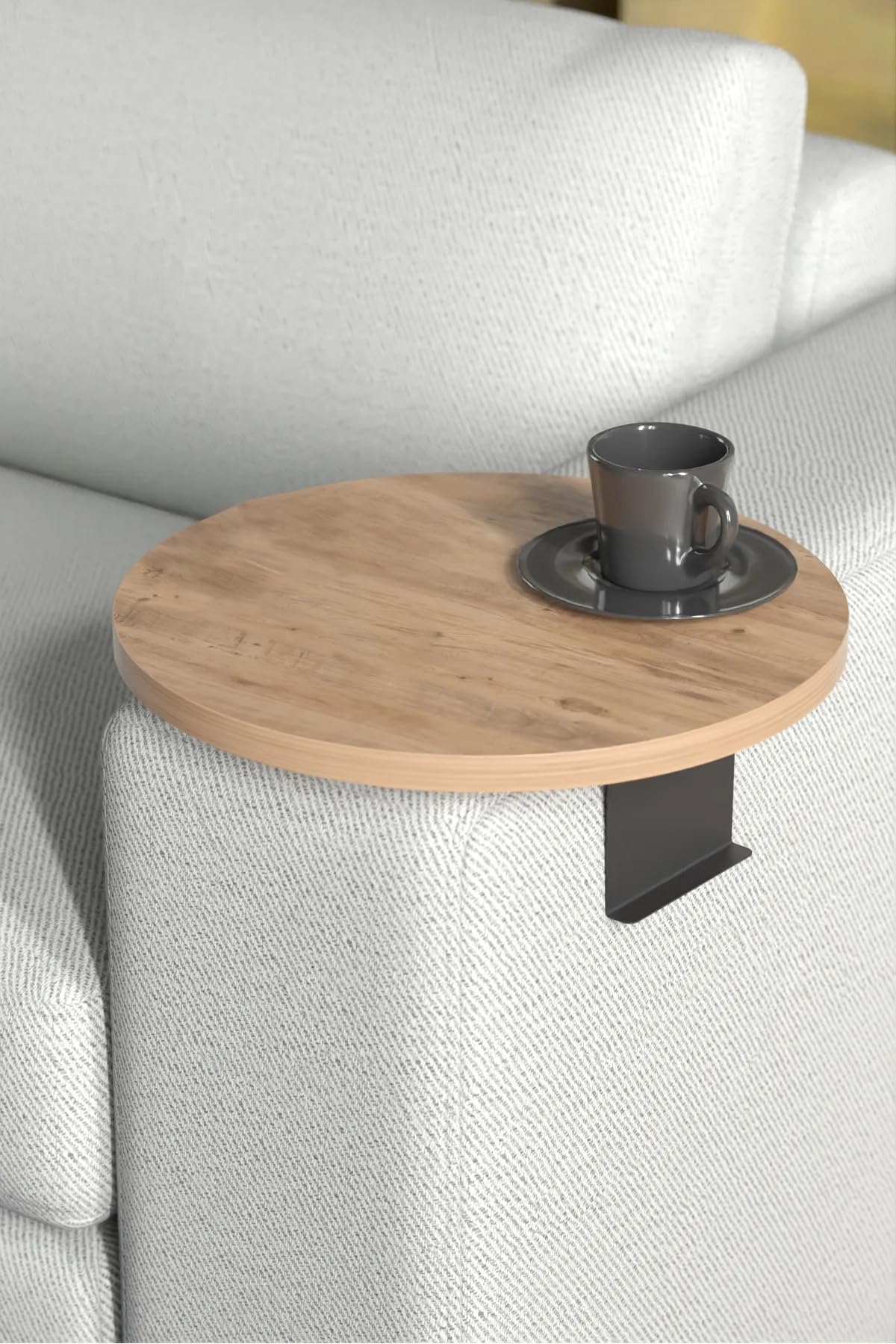 Bandeja de sofá para reposabrazos, bandeja ajustable para sofá con soporte para bebidas, diseño especial con práctico soporte de metal, bandeja para asientos, diámetro 35 cm (2, marrón)