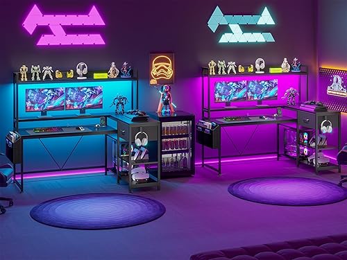 Miniatura 4 de SEDETA Escritorio para juegos en forma de L con tira de alimentación y luces LED, escritorio de esquina para computadora con cajón de tela y