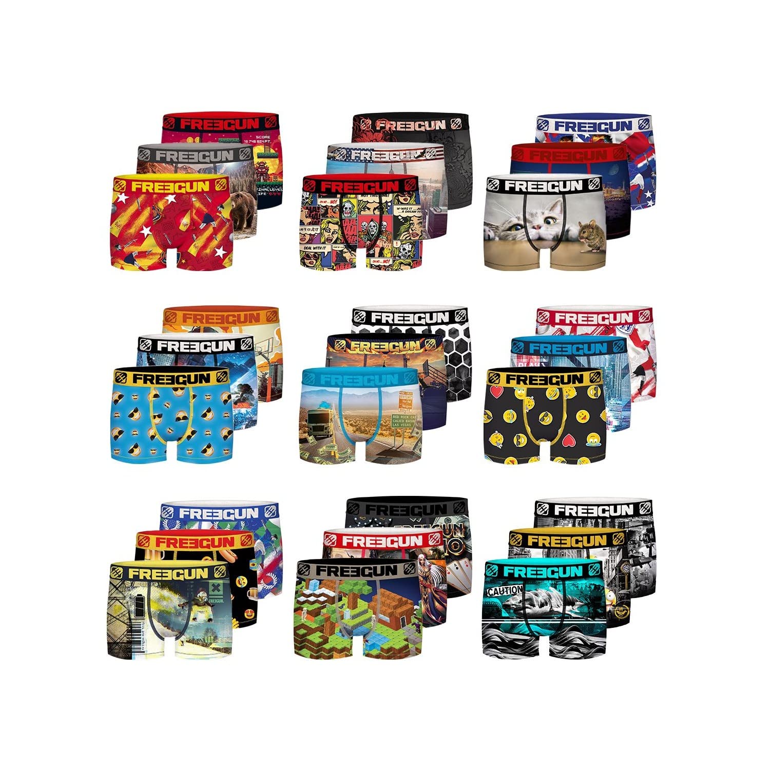 FREEGUN Pack Surprise Boxer Homme Doux, Calecon Modèle Aléatoire, Confortable, Léger et Respirant (Lot de 12)