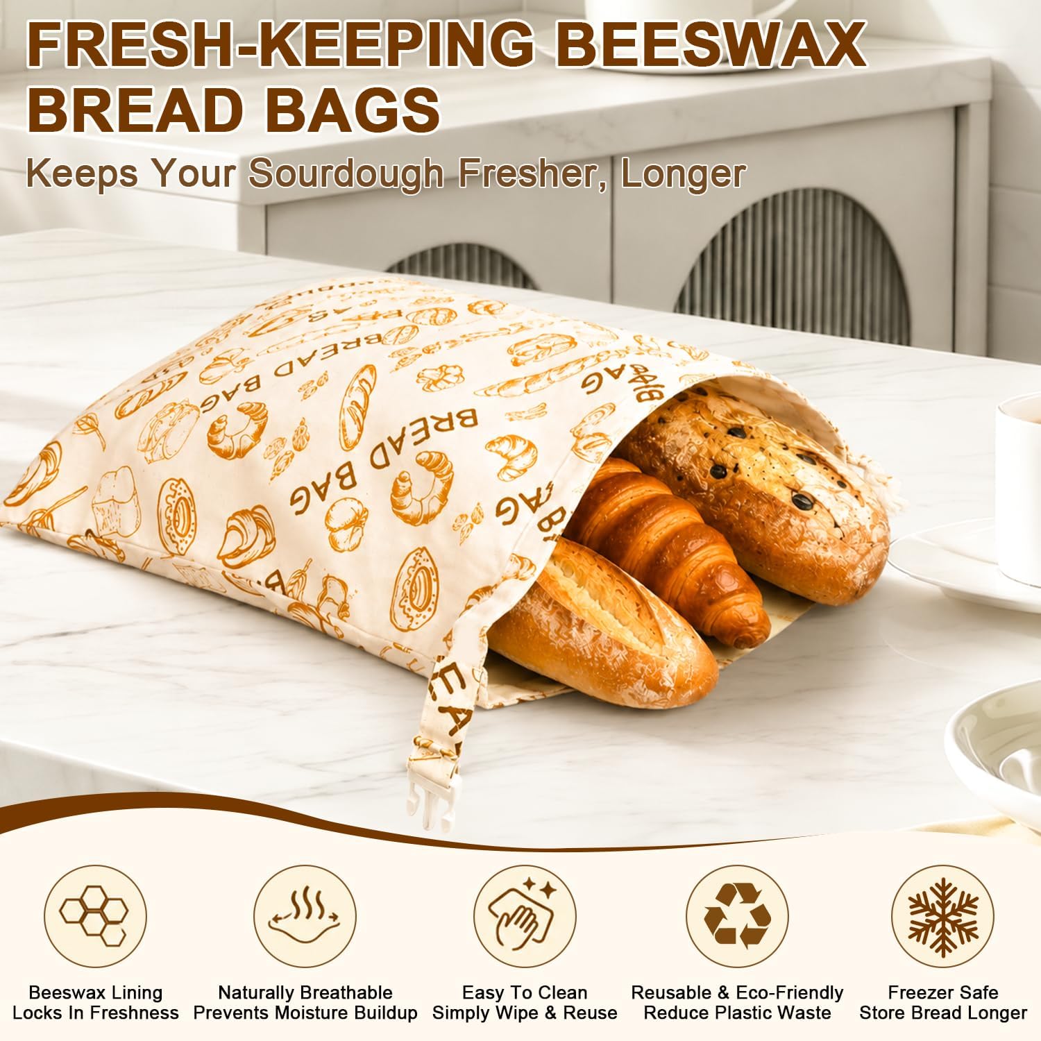 Beeswax Bread Bags for Sourdough & Homemade Bread, 2 Pack XL 13"x17" Reusable Natural Cotton Beeswax Lined Bread Storage Bag, Freezer Safe, Keep Loaves Fresh Longer, Easy to Clean