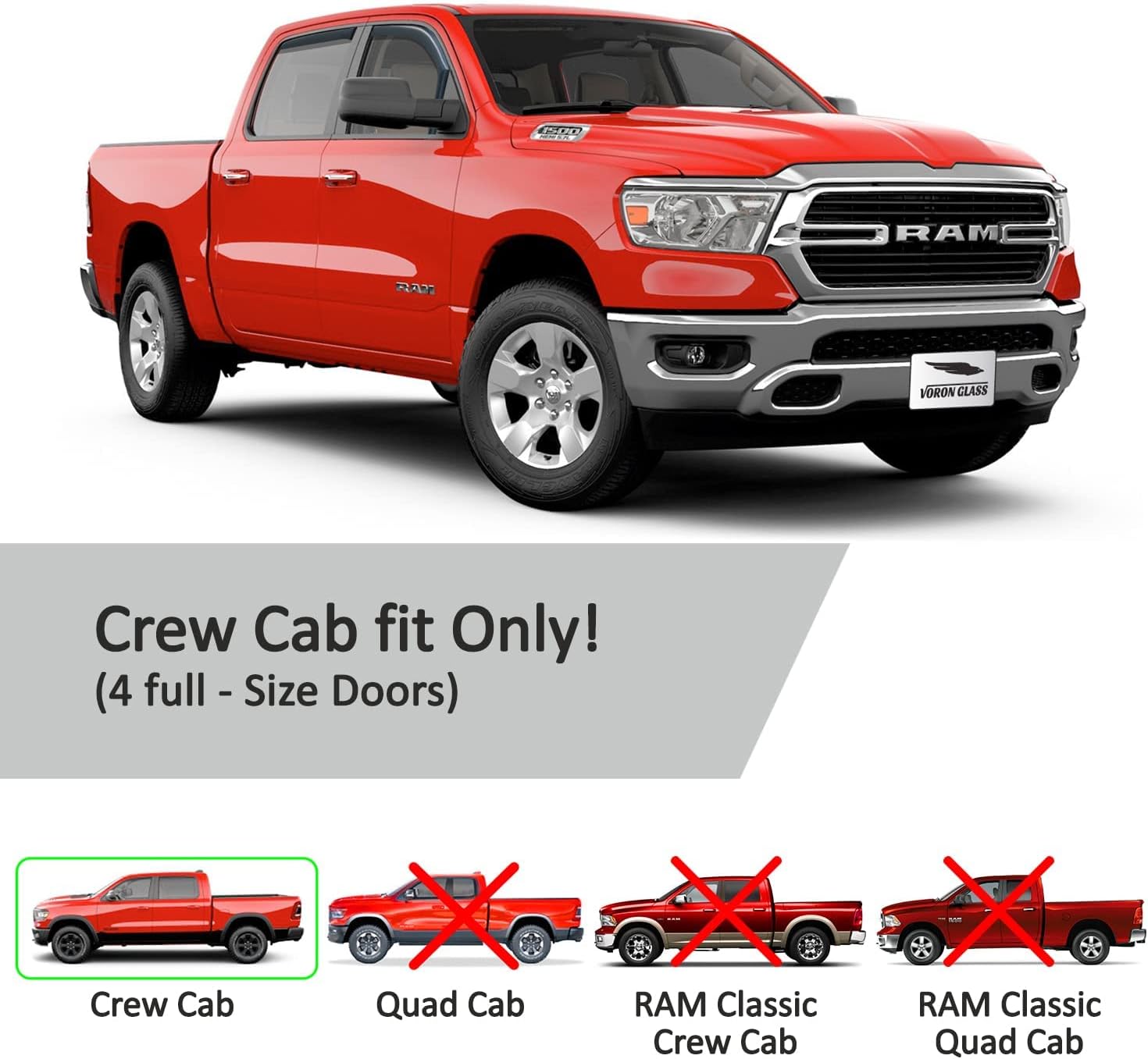 Voron Glass in-Channel Extra Durable Rain Guards for Trucks Dodge RAM 1500 2019-2022 Crew Cab, Window Deflectors, Vent Window Visors, 4 Pieces - 220159