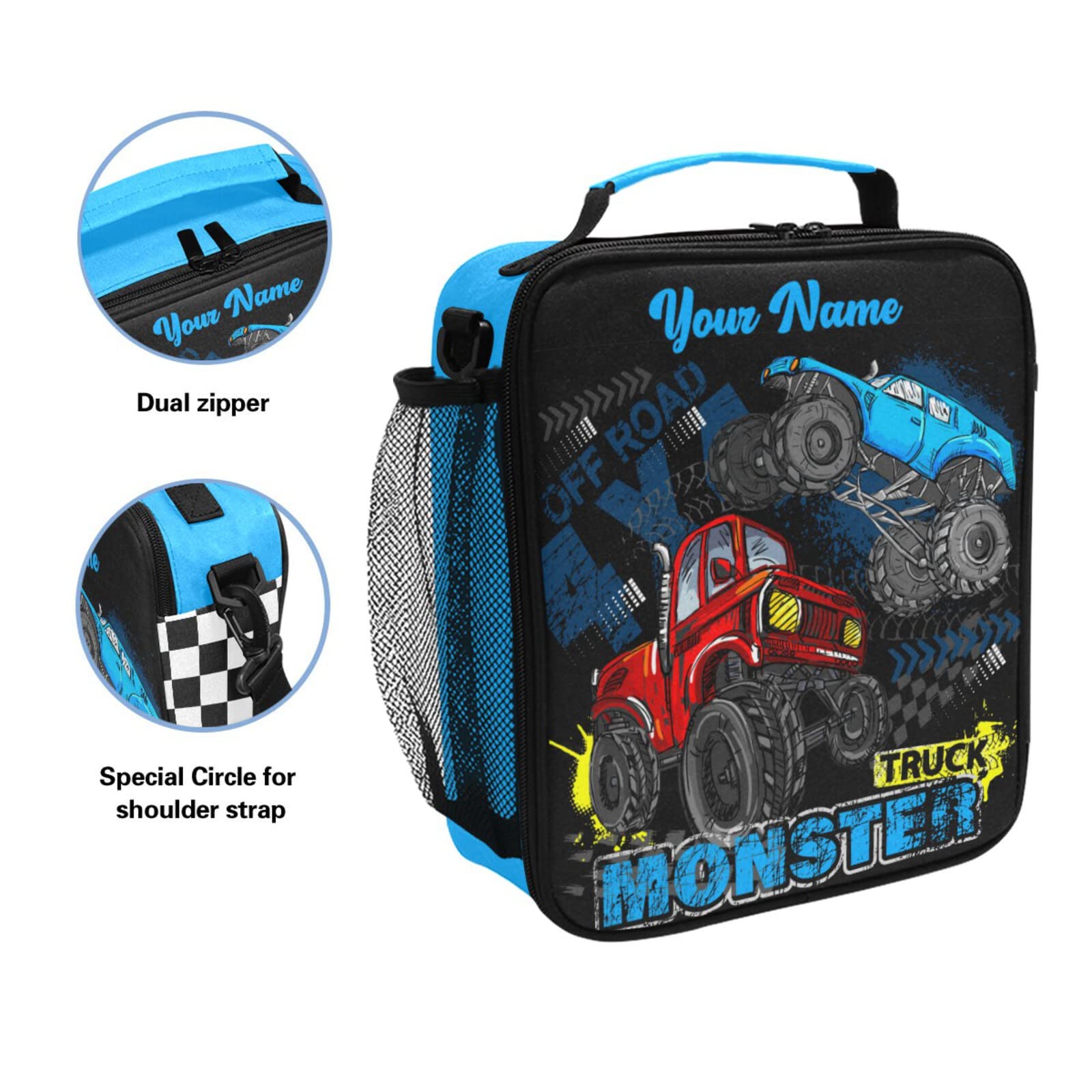 beeplus Personalized Monster Truck Kids Lunch Box Boys Girls Insulated Lunch Box Reusable Lunch Tote Kit for School Travel