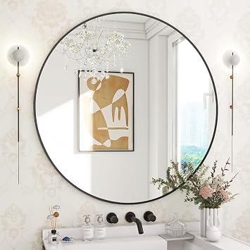 28 Inch Round Mirror Oversized Wall Mirror Metal Framed Bathroom Mirror Wall-Mounted Mirror Large Modern Circle Mirror for Bathroom, Living Room, Home Decoration (Black, 28 inch)