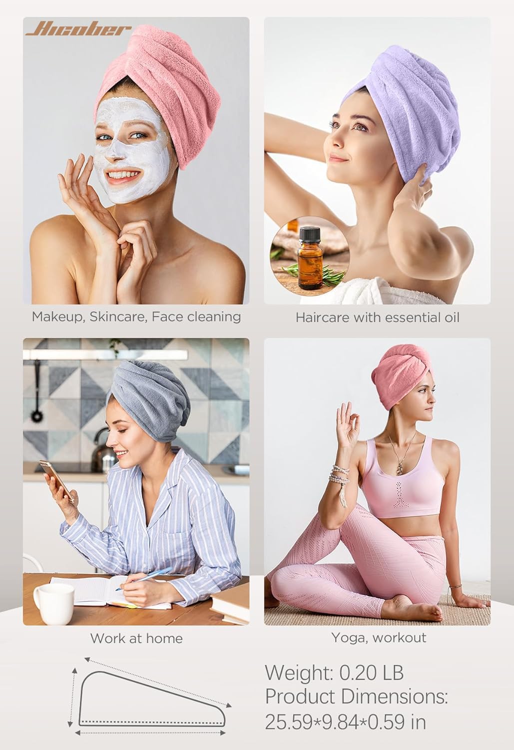 Hicober Toalla de microfibra para el cabello, 3 paquetes de turbantes para cabello mojado, toallas de secado para mujeres rizadas, antiencrespamiento (rosa, morado, gris)