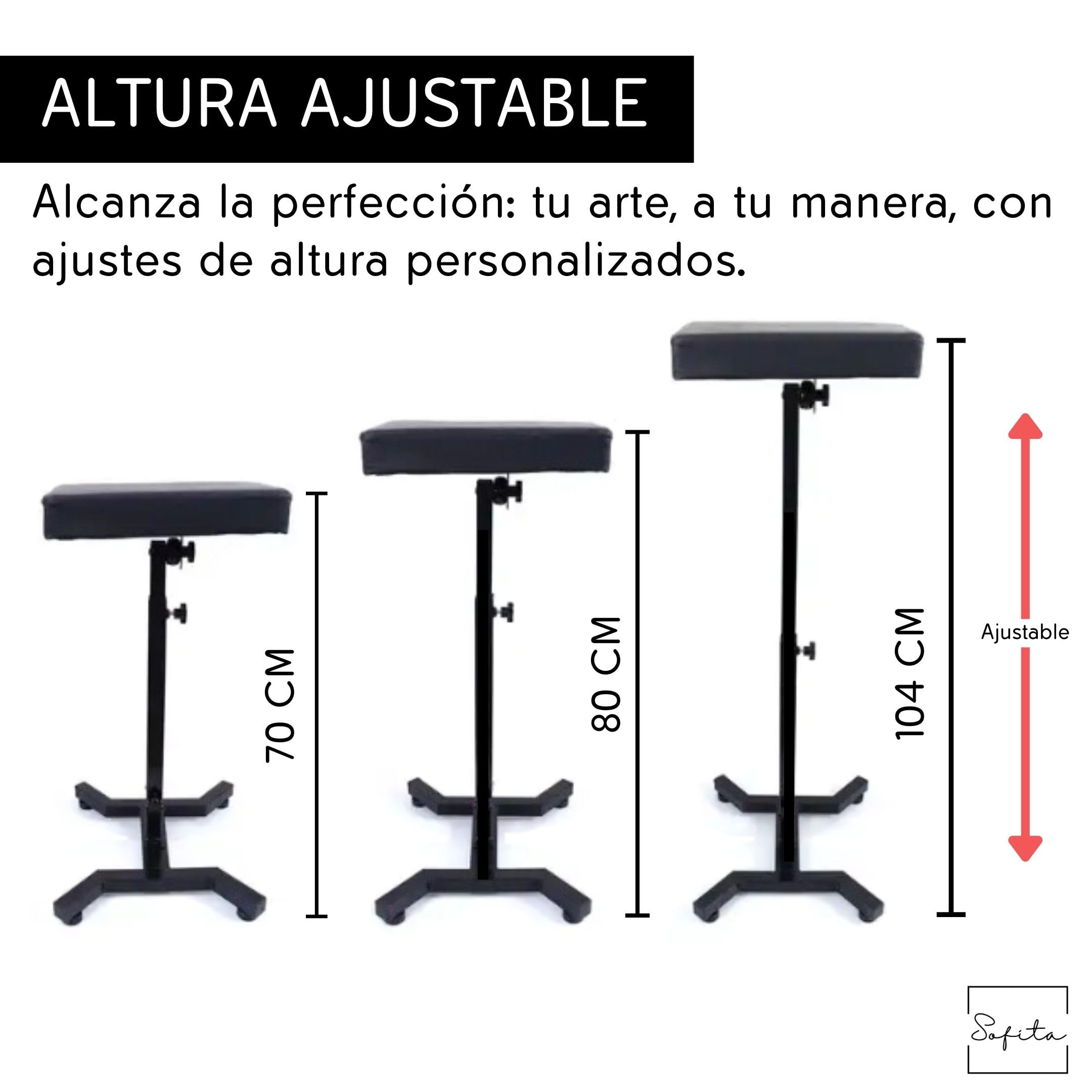 SOFITA Apoyabrazos Tattoo + [100 Fundas Desechables] Reposabrazos Tattoo. Altura e Inclinación Ajustables. Almohadilla de Cuero de Alta Densidad. Apoyabrazos Tatuaje (Base de Cuatro Esquinas)