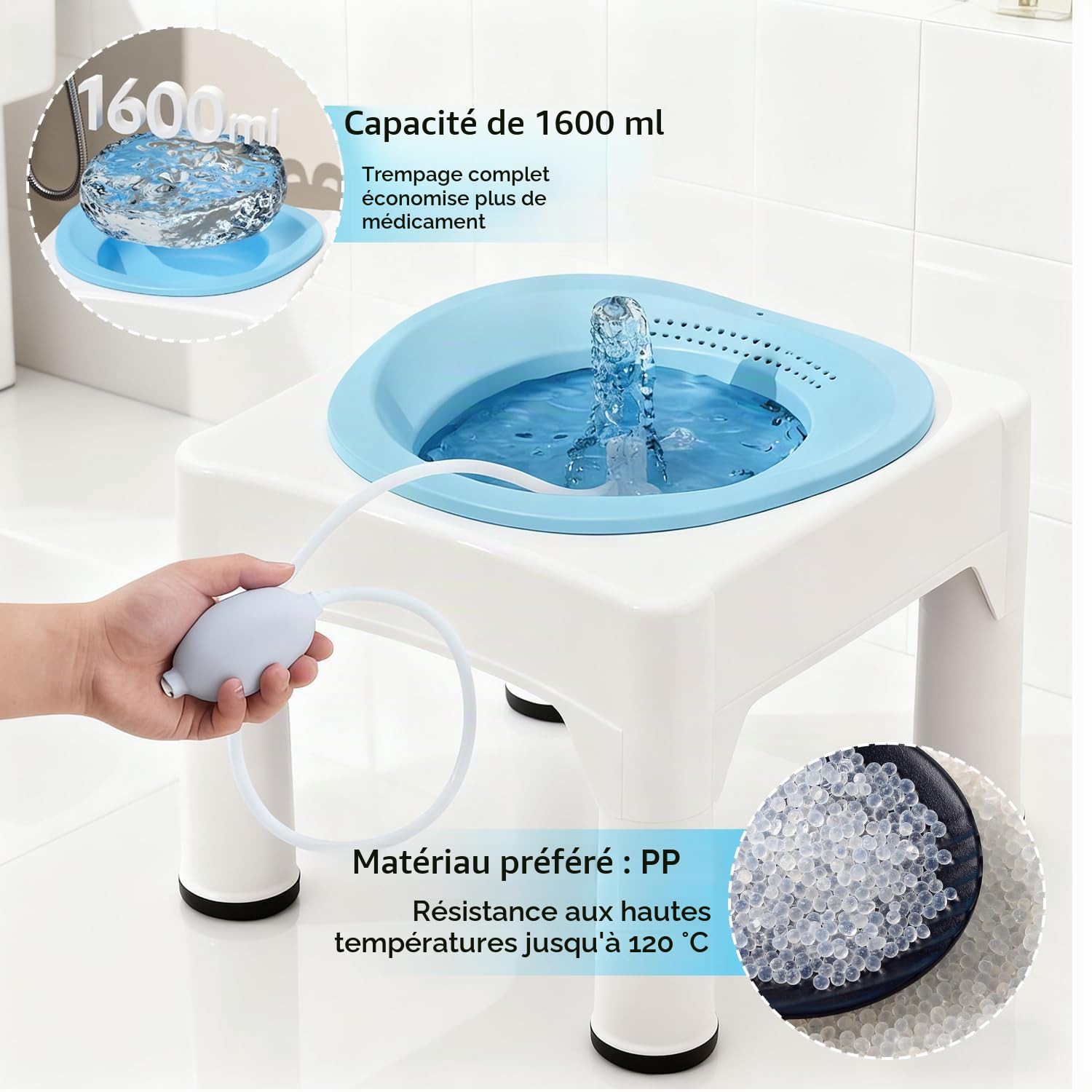 Baignoire assise, portable avec tabouret intégré, tabouret de bain sans tabouret, bain d'assise amovible avec fonction rinçage, convient pour le traitement des hémorroïdes, les soins postnataux et les