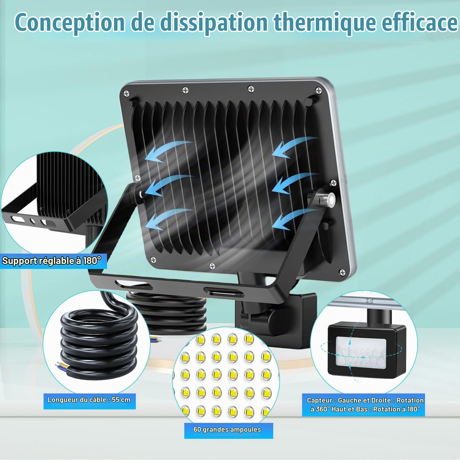 Projecteur LED Extérieur avec Détecteur 50W,5000LM Spot LED 2 Pièce