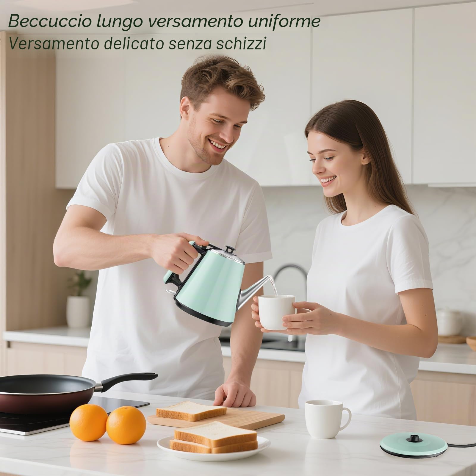 Bollitore con Collo d'Oca 0,9L, 1360W, 304 Acciaio Inox, Verde Pallido