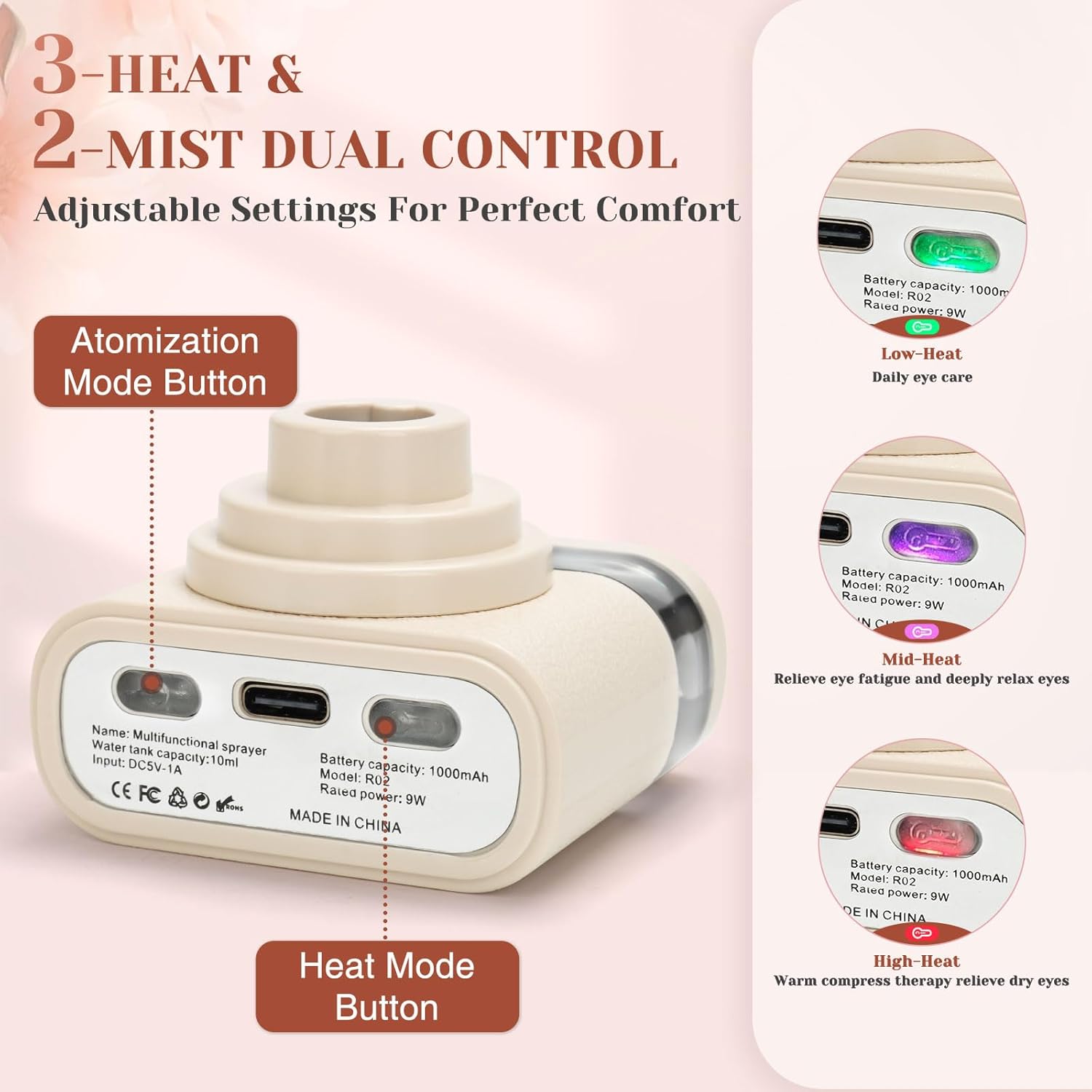 Portable Heated Eye Steamer for Dry Eyes - 3 Heat Settings, Warm Moist Heat Therapy to Restore Natural Tears, Dry Eye Relief Sprayer (Beige) - Image 5