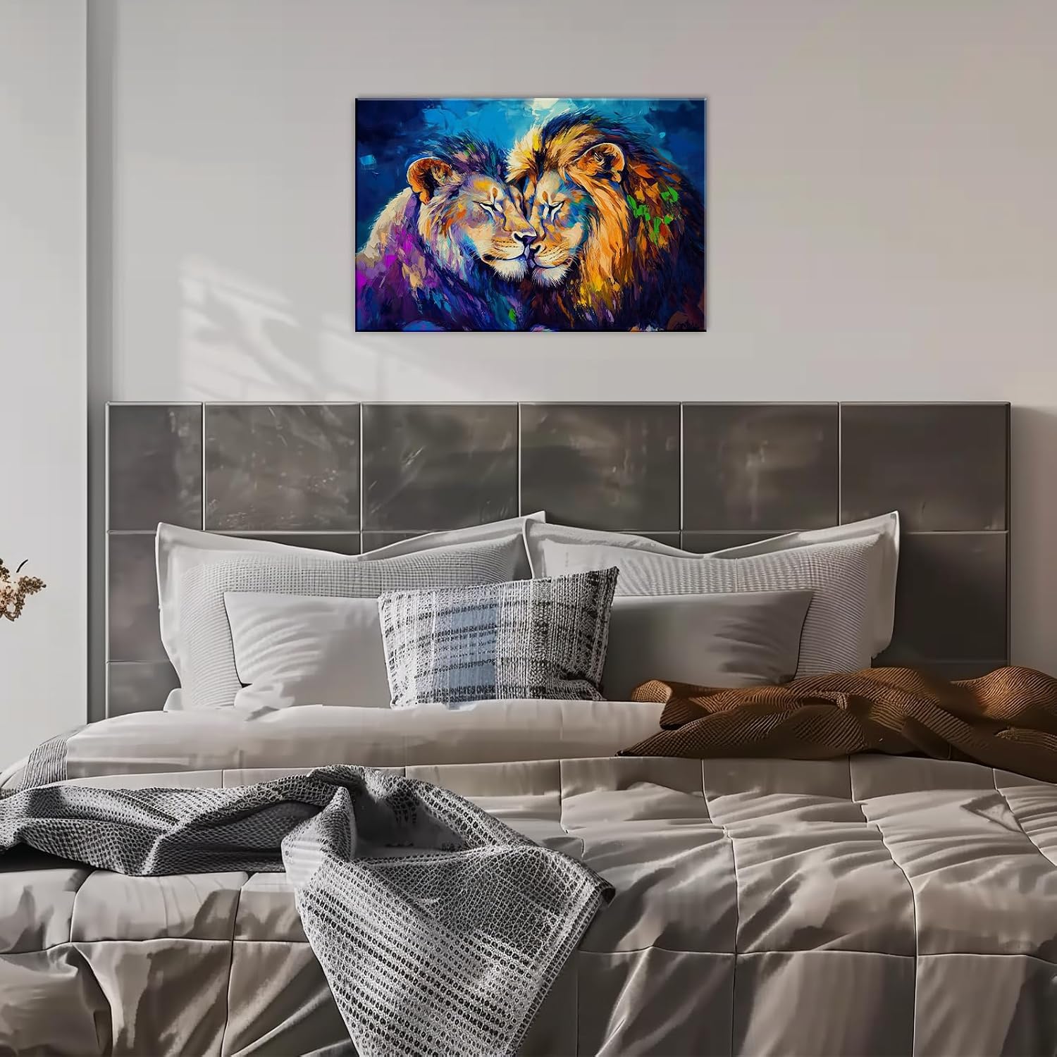 Lion Couple Canvas Wall Art Colorful Wildlife Pictures Wall Decor Abstract Blue Artwork Framed Animal Painting for Home Office Living Room(Artwork-1,12"x18")