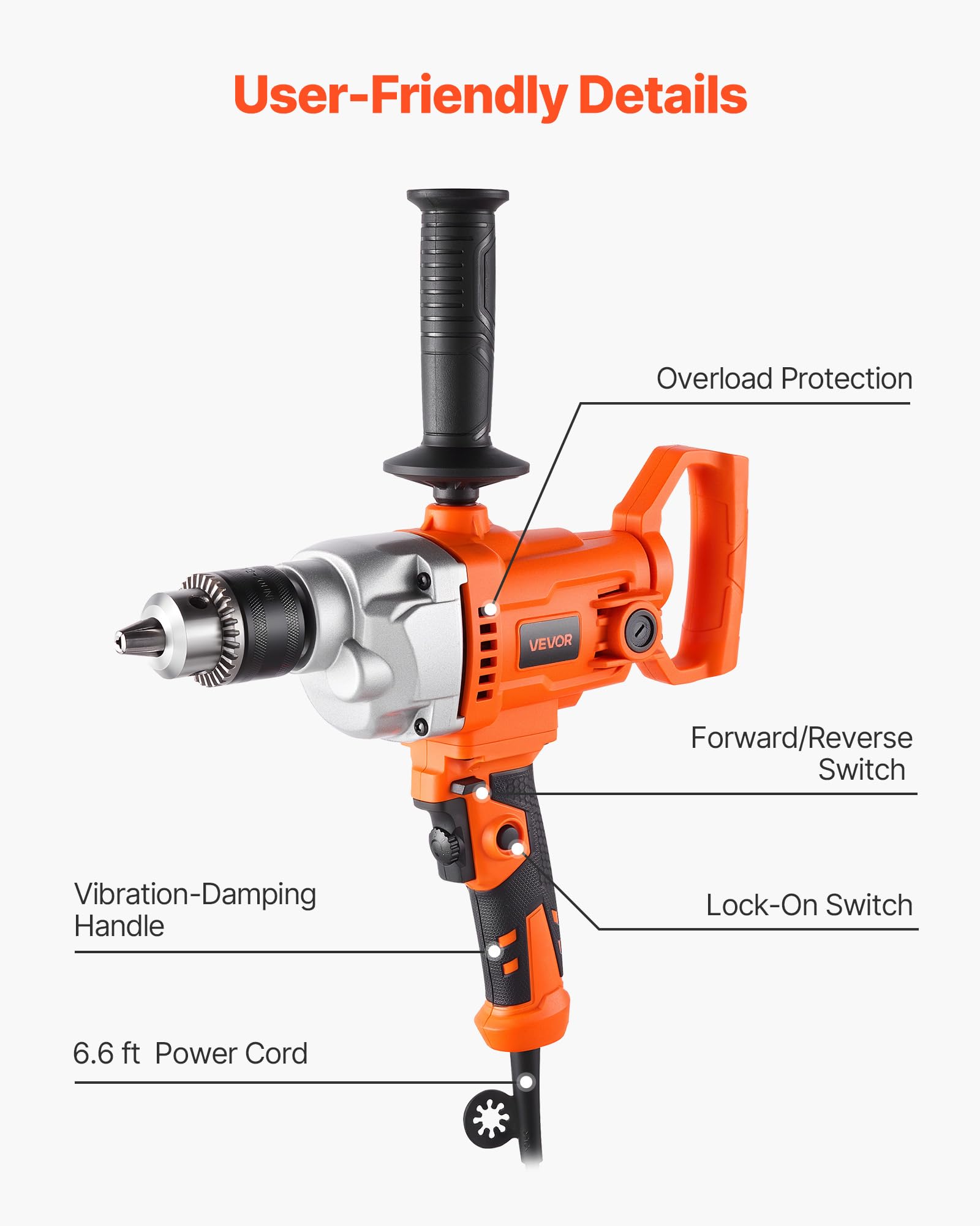 VEVOR elektrische Bohrmaschine 15,89 mm mit Mixer Bohrmaschinenmischer 850 U/min 3,2 A Mischbohrmaschine mit D-Griff zum Bohren & Mischen multifunktionale Bohrgerät mit Mischer für Futter Zement