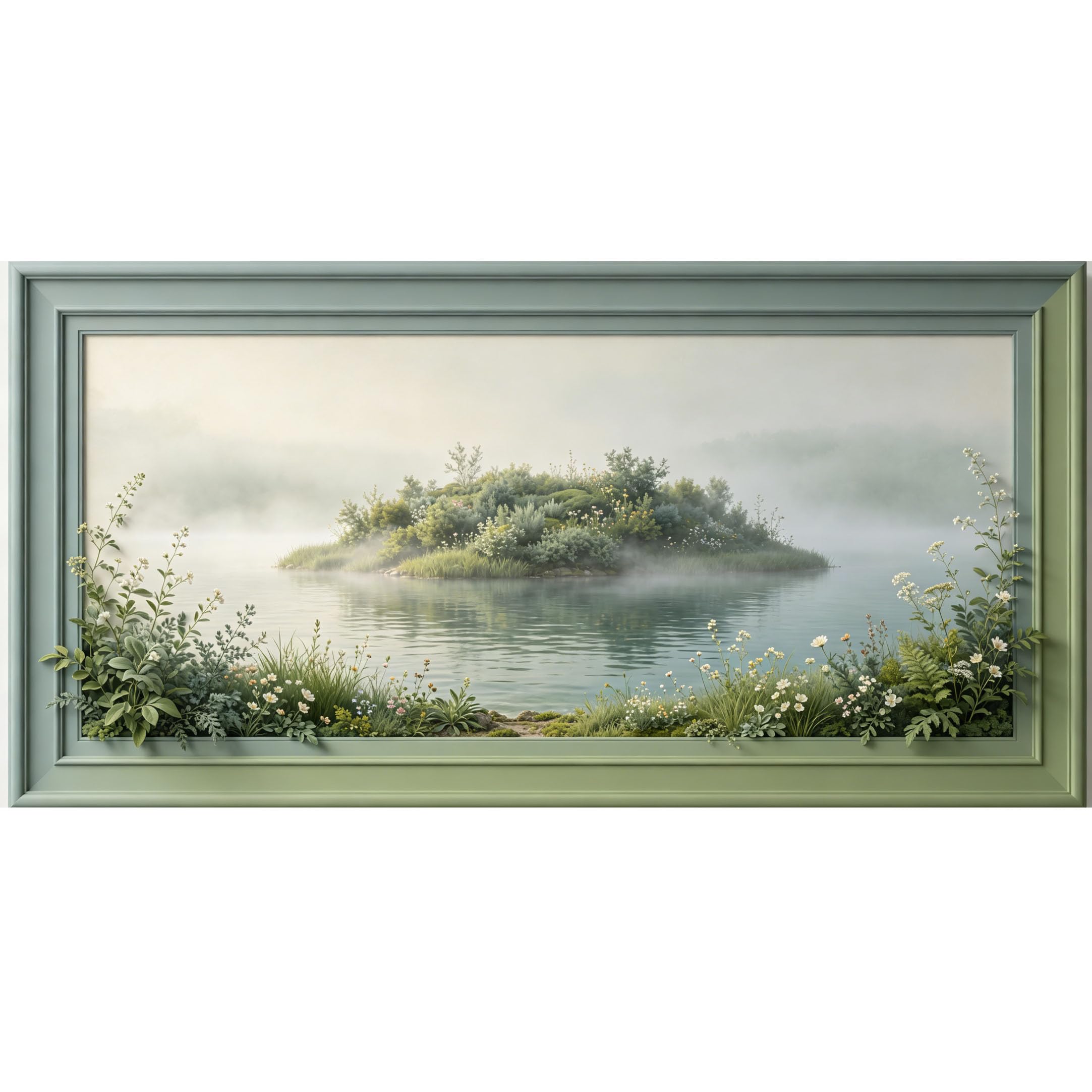 Agglomerix 3D Framed Wall Art Misty Lake Island Landscape Botanical Nature Relief Effect Large Size SelfAdhesive Removable Wall Decor Prints Artwork for Living Room Bedroom Office