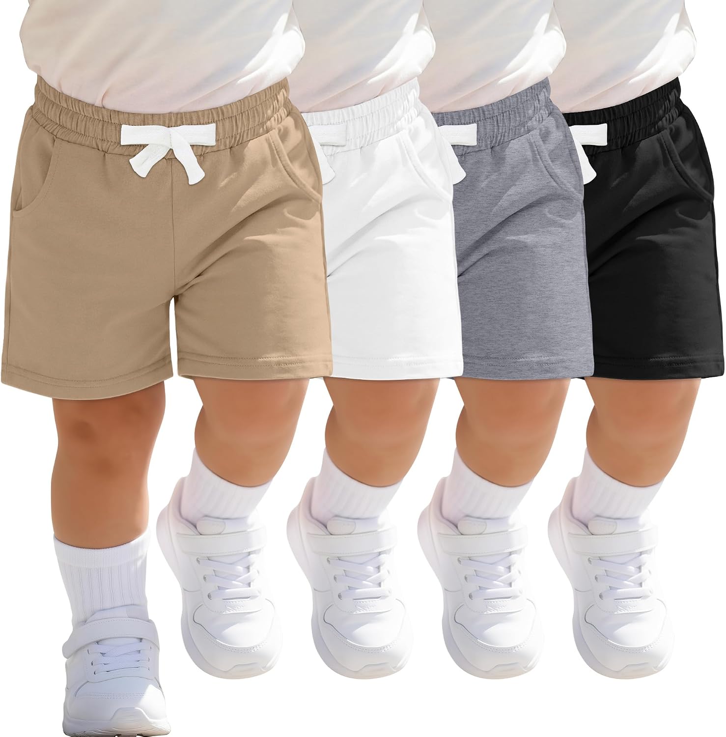 4 Pack Toddler Boys Cotton Shorts Baby Boys Pull On Elastic Waist Shorts Toddler Solid Summer Pants with Pockets