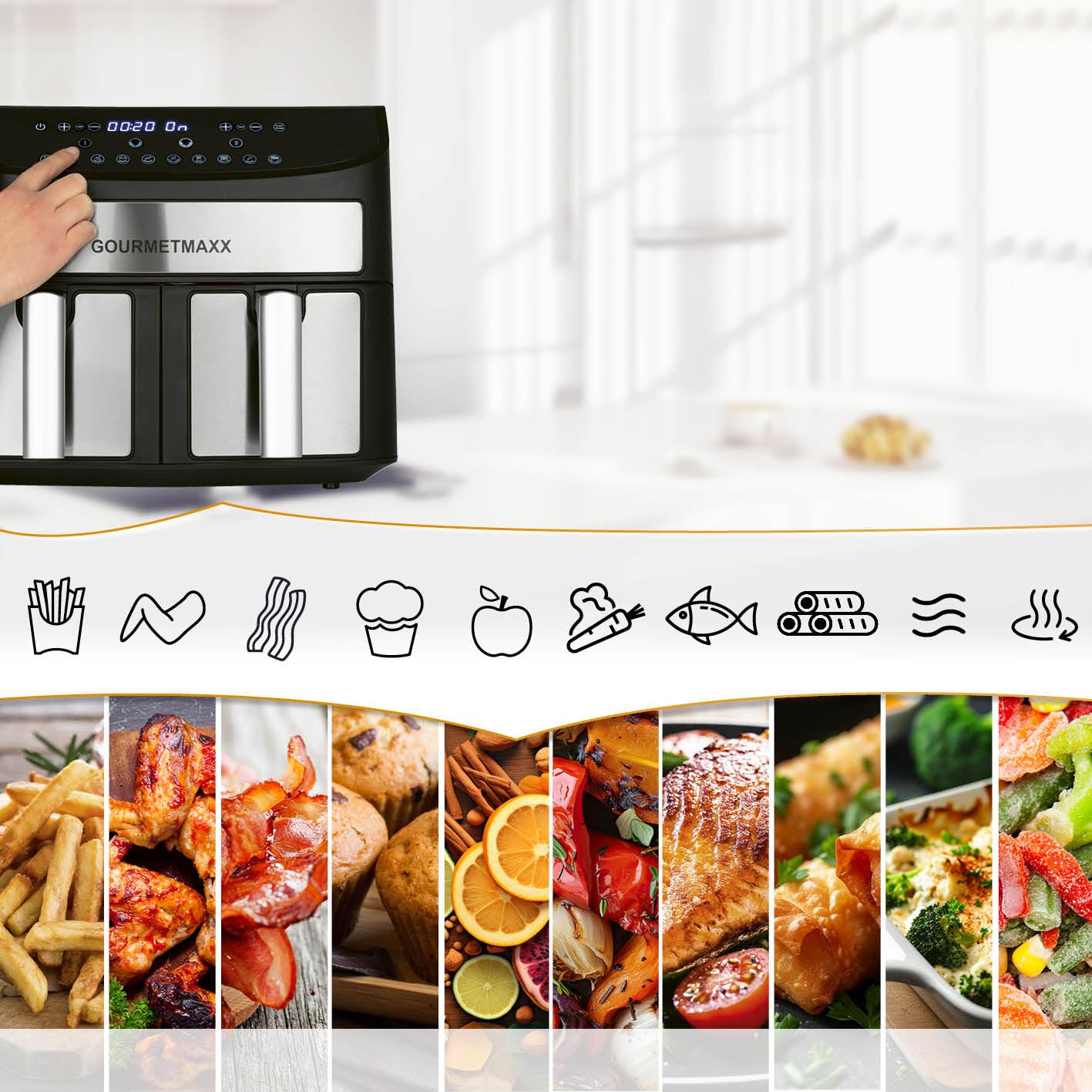 GOURMETmaxx Frytkownica na gorące powietrze, podwójna komora, 2 x 3,5 l, stal nierdzewna, Airfryer z funkcją timera, wyświetlaczem dotykowym i strefami gotowania synchronicznymi | energooszczędne