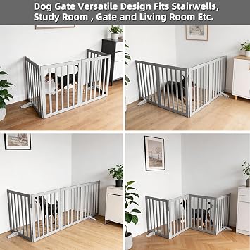 Dog Gate Indoor, Freestanding Dog Fence for The House, Doorways, Hallways,or Stairs,Pet Gate Foldable Wooden,Expandable 24 Height 4 Panels,Grey