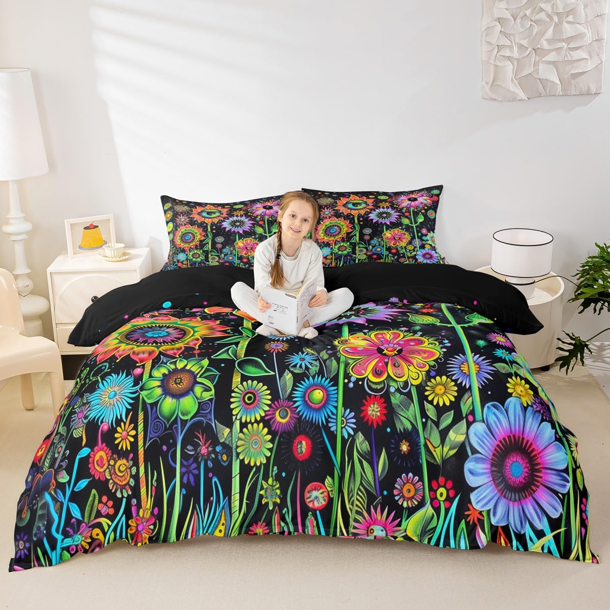 Hippie Flower Bedding Set Single Size,Colorful Groovy Floral Duvet Cover Sets 2Pcs for Kids Girls Boys Adult Room Decor,Trippy Eye Sunflower Comforter Cover Horror Plant Quilt Cover,1 Pillowcase