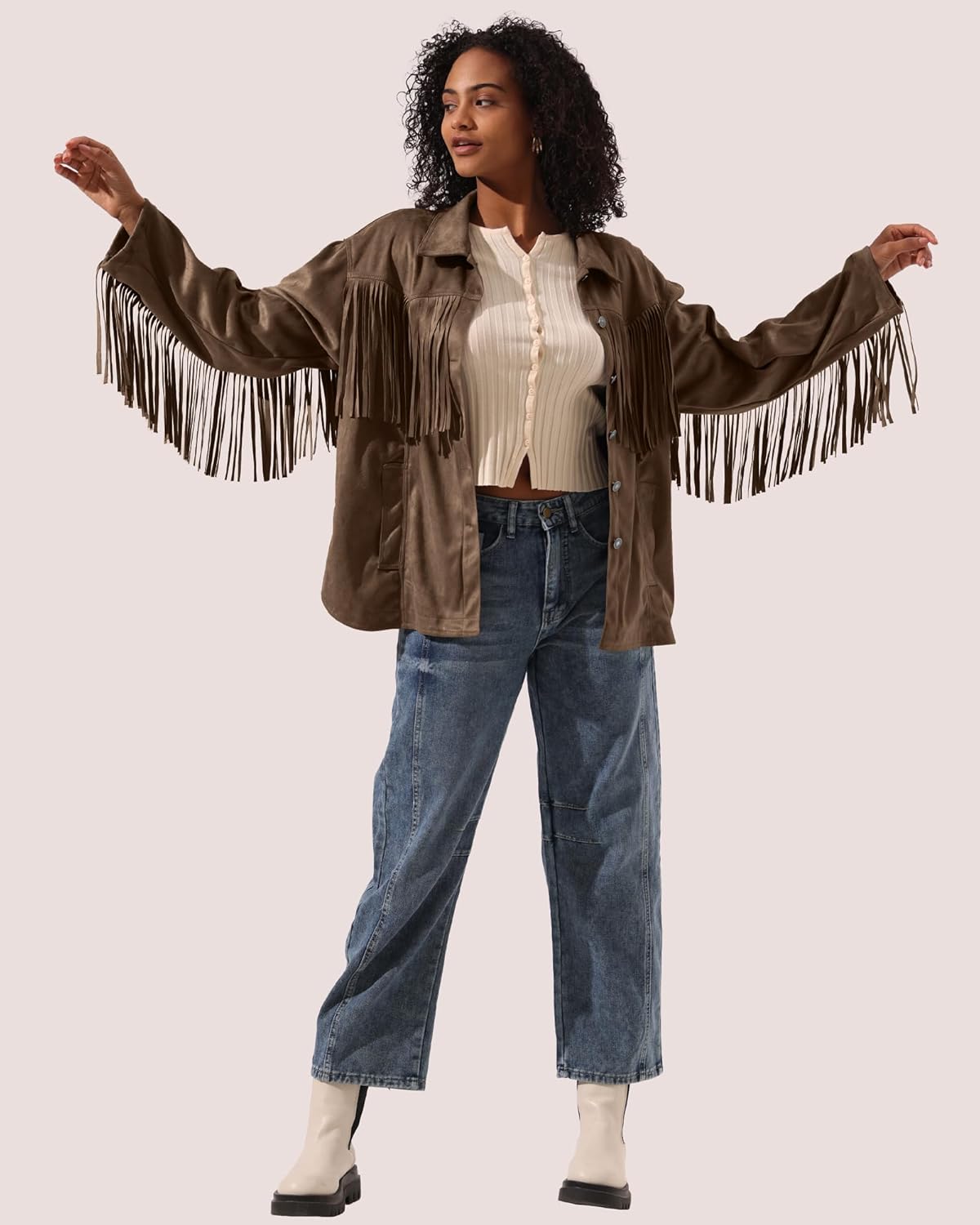 Locachy Women's Faux Suede Fringe Jacket Vintage Western Cowgirl Tassel Jackets Country Concert Outfits - Image 4