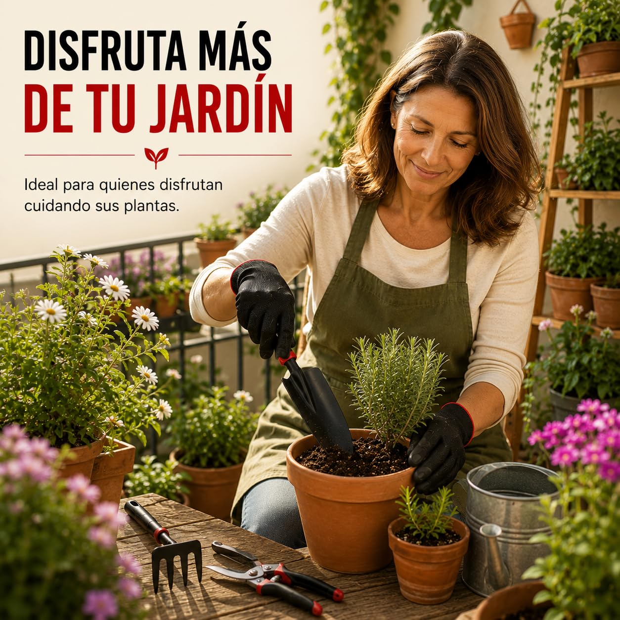 Kit 5 Herramientas de Jardinería de Metal Que Incluye Tijeras de Podar, Pala Trasplantadora, Rastrillo, Azada Doble y Guantes | Kit jardineria para Jardín, Huerto Urbano y Terraza (Rojo/Negro)