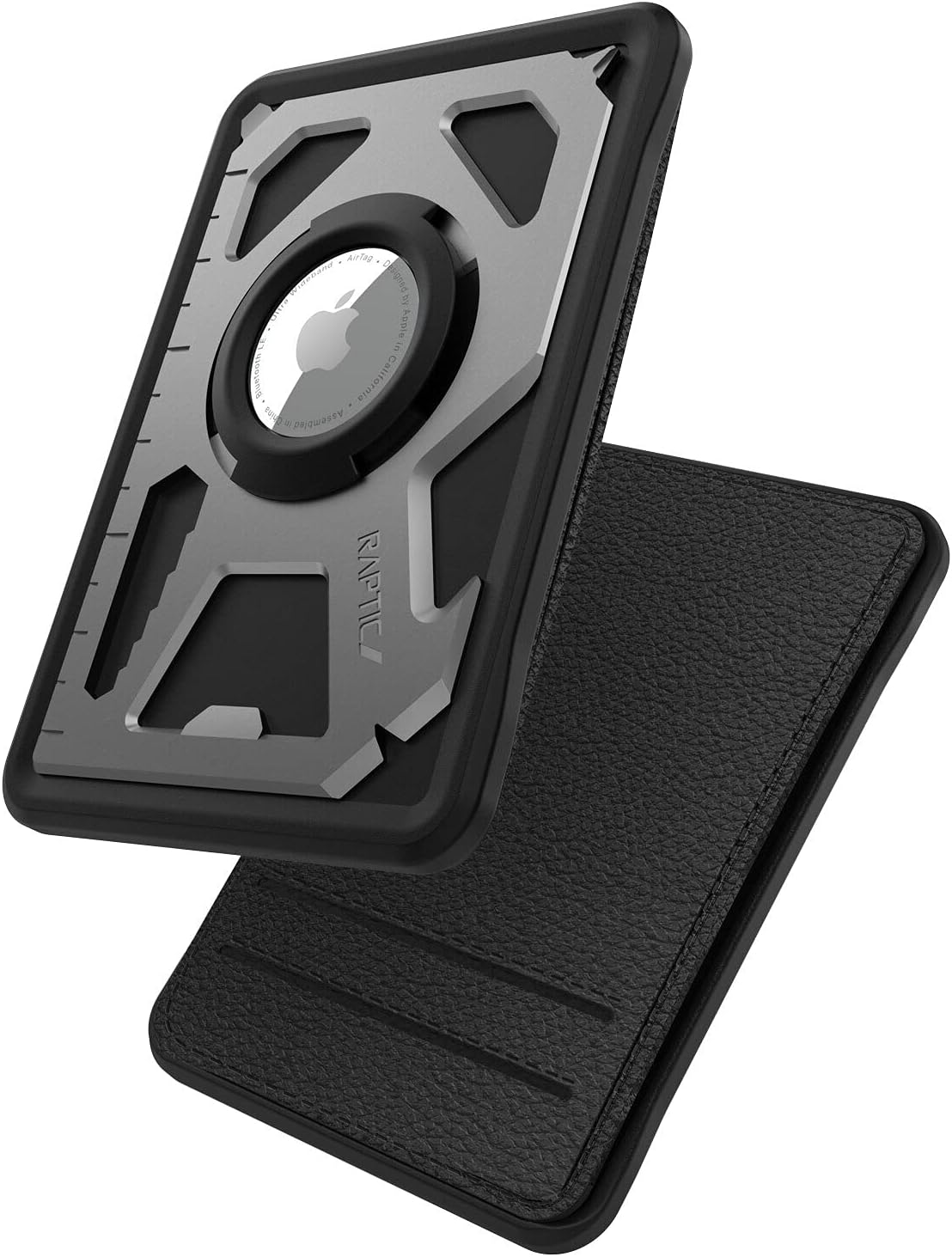 RAPTICUpgraded 8-in-1 Multitool Tactical Mens Wallet Case for Apple AirTags, Slim Multifunctional 4-Card Wallet with AirTag Holder, Stainless Steel and Vegan Leather, ID Window | Cash Slot (Black)