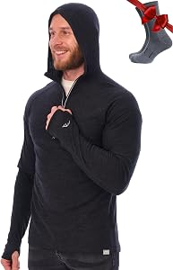 Merino Wool Base Layer Men Lightweight Hoodie - Half Zip Merino Wool Long Sleeve Thermal Shirt Slim Fit