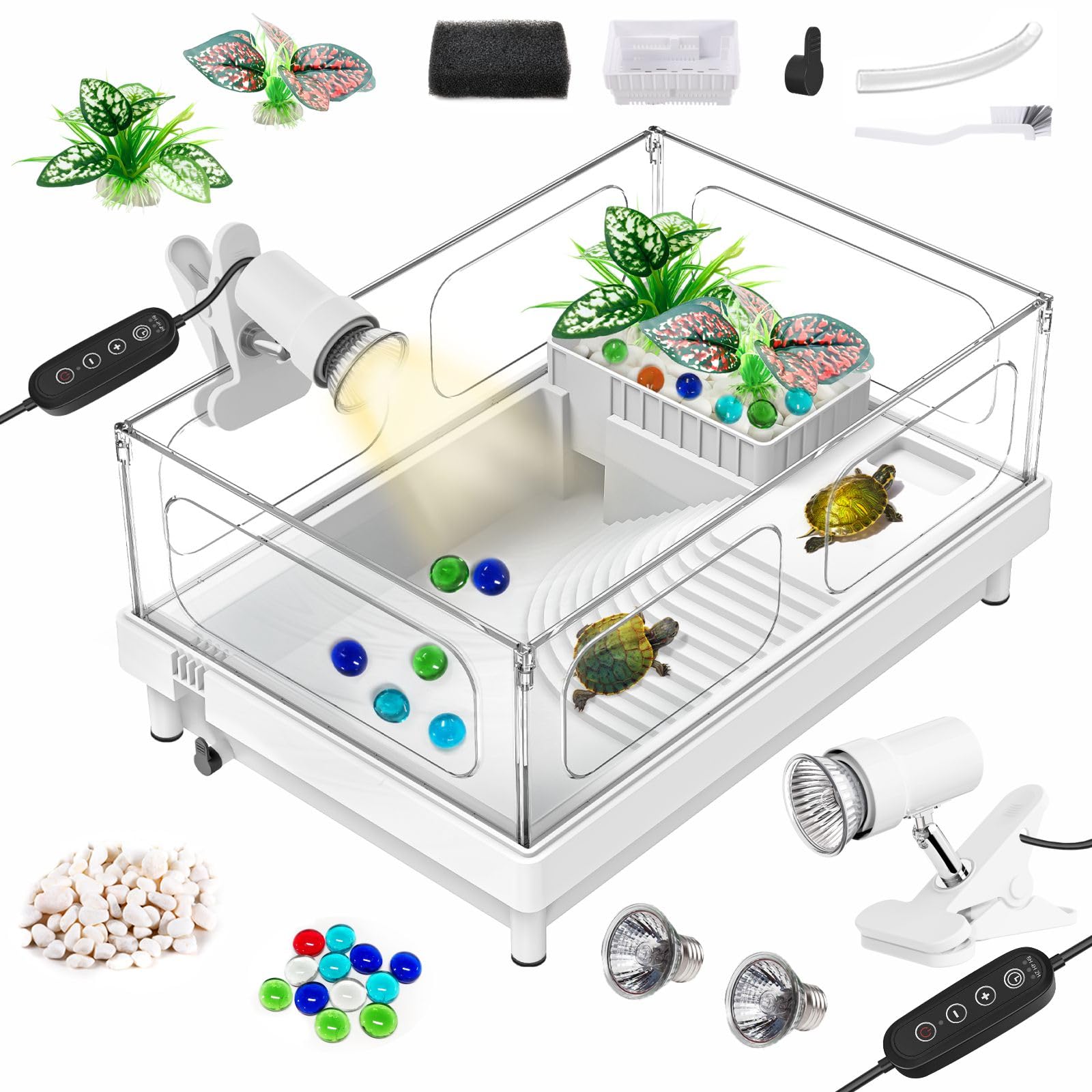 GOZILLA Small Turtle Tank Kit(Tank+Lamp), Acrylic Turtle Starter Kit, Reptile Habitat and Terrarium with Multi-Functional Areas for Small Reptiles. (White+Lamp)