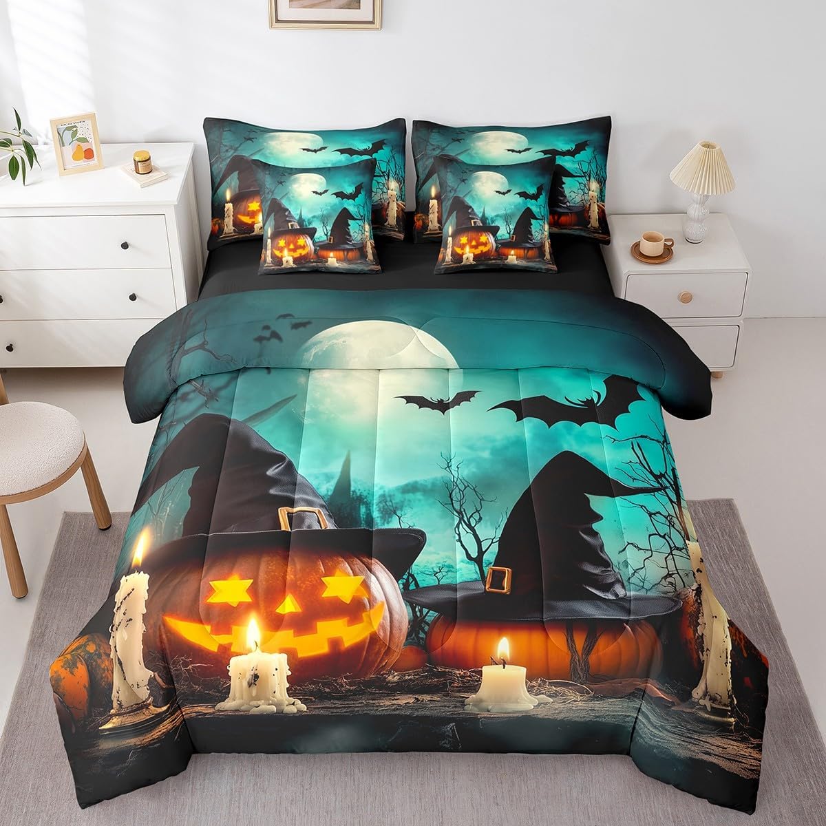 Erosebridal Halloween Bed in A Bag with Sheets Queen 7 Piece Witch Pumpkin Comforter Set Halloween Horror Bedding Set for Kids Boys Adults Reversible Tree Branch Bats Bed Set with Comforter
