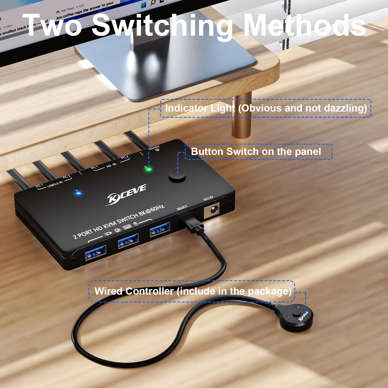 Commutateur KVM HDMI 2 PC 1 moniteurs 8K@60Hz 4K@120Hz, ESKEVE USB3.0 Switch KVM pour 2 PC partageant 1 moniteur et 3 périphériques USB 3.0, avec câble USB, adaptateur secteur et télécommande par