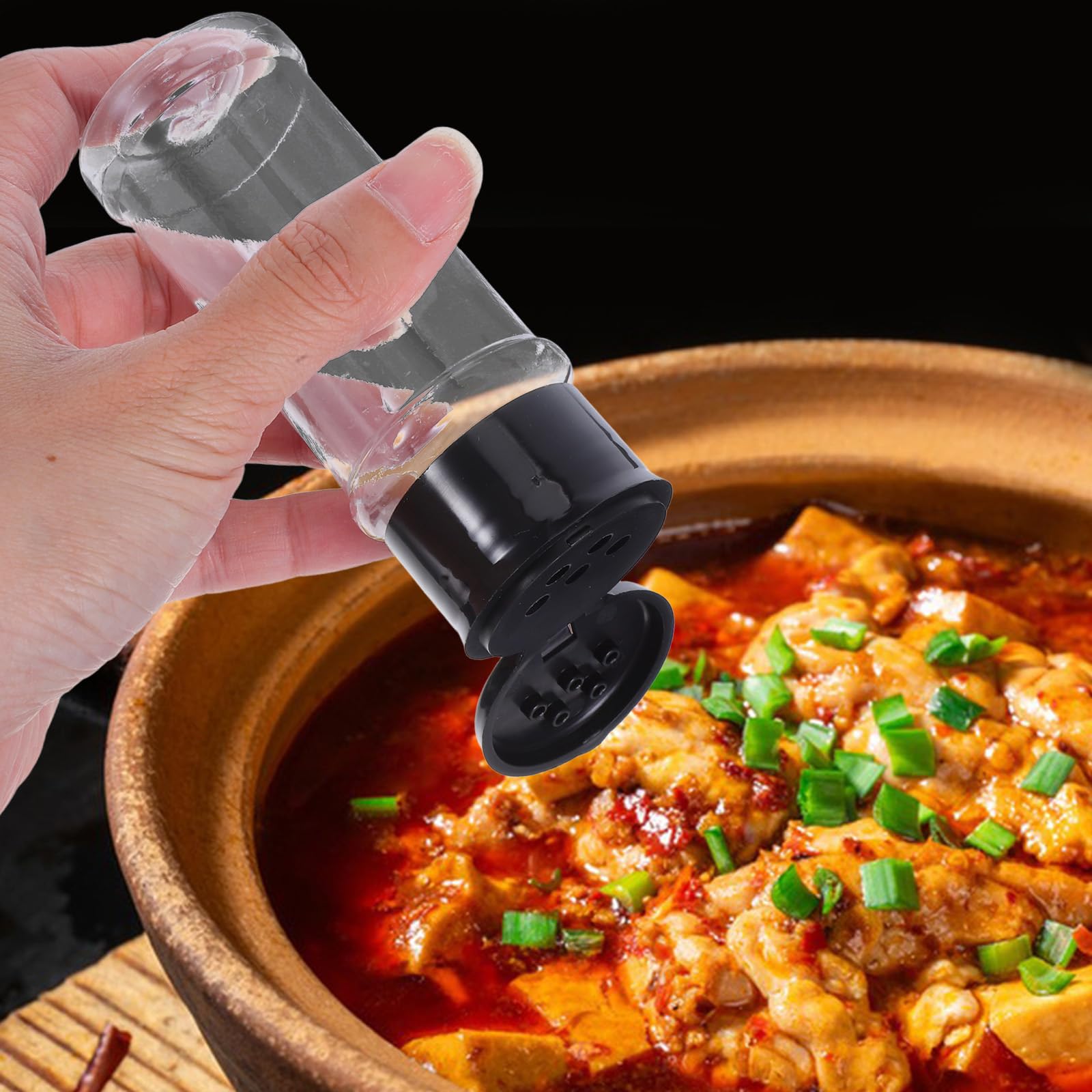 Cabilock 30 barattoli per spezie con coperchi neri, bottiglie vuote per condimenti da 100 ml, contenitori per condimenti in plastica per uso in cucina, per conservare spezie, condimenti e zucchero.